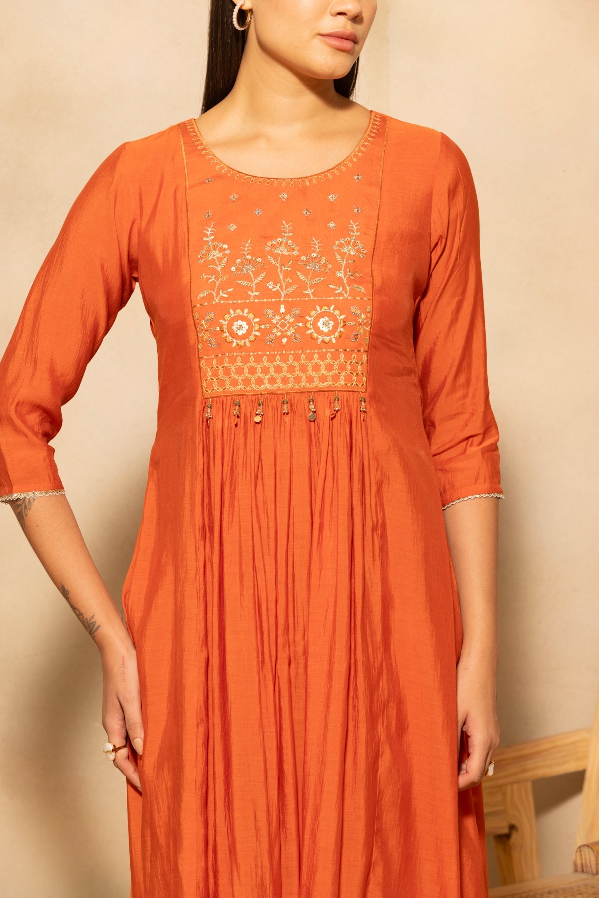 Rust Flared Embroidered Kurta 3 Pcs Set