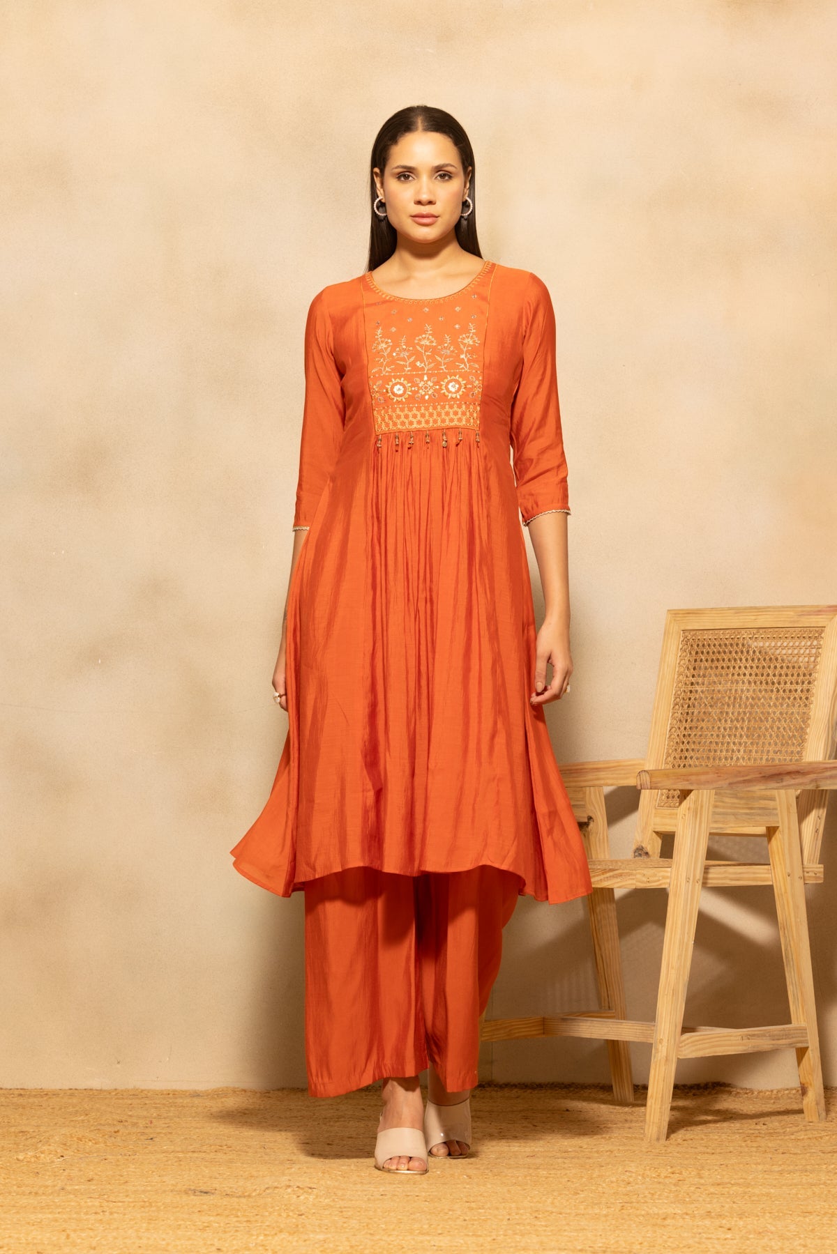 Rust Flared Embroidered Kurta 3 Pcs Set