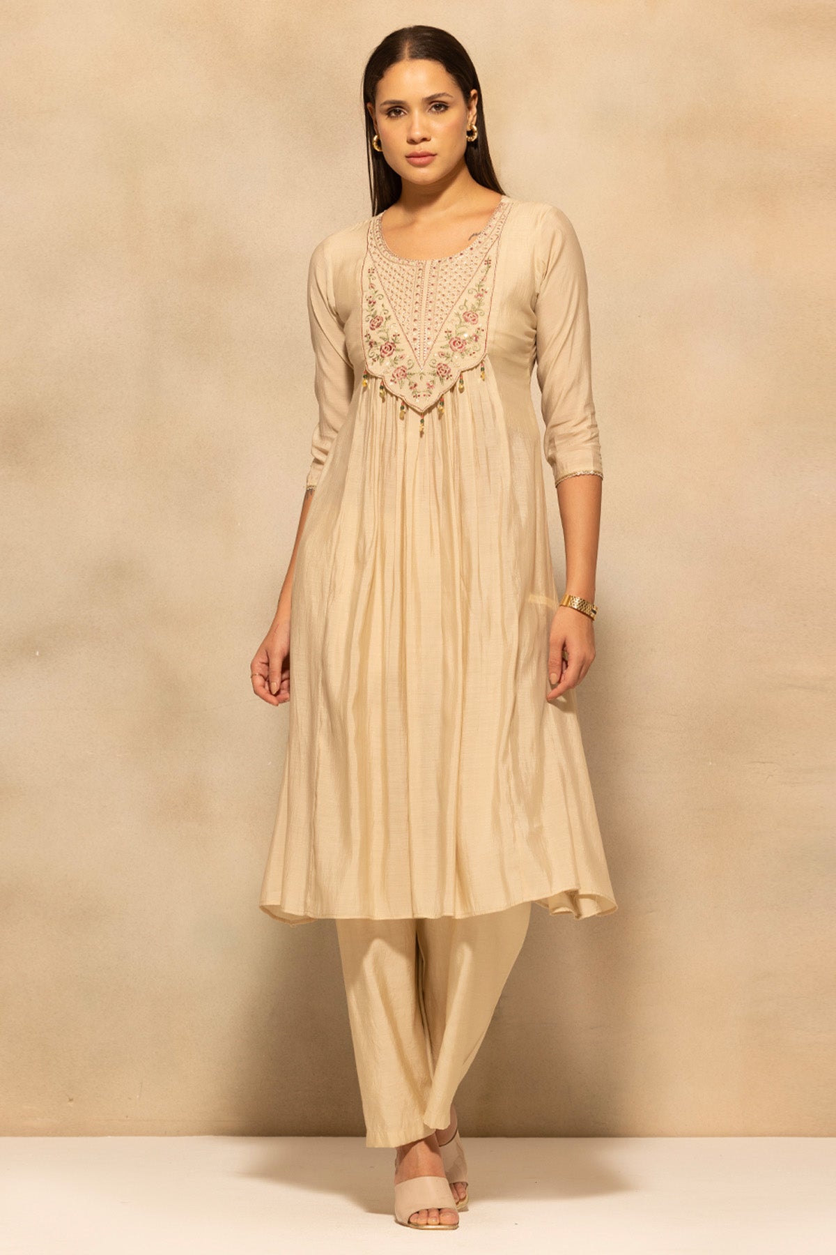 Beige Flared Embroidered Kurta 3 Pcs Set