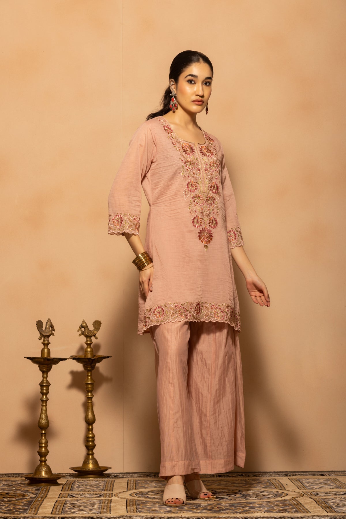 Pink A-line Embroidered Kurta 3 Pcs Set