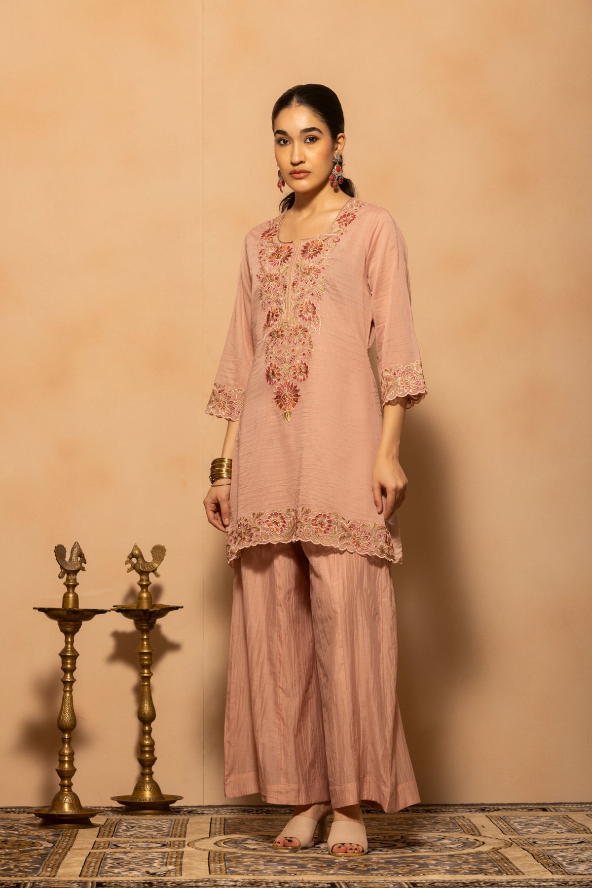 Pink A-line Embroidered Kurta 3 Pcs Set