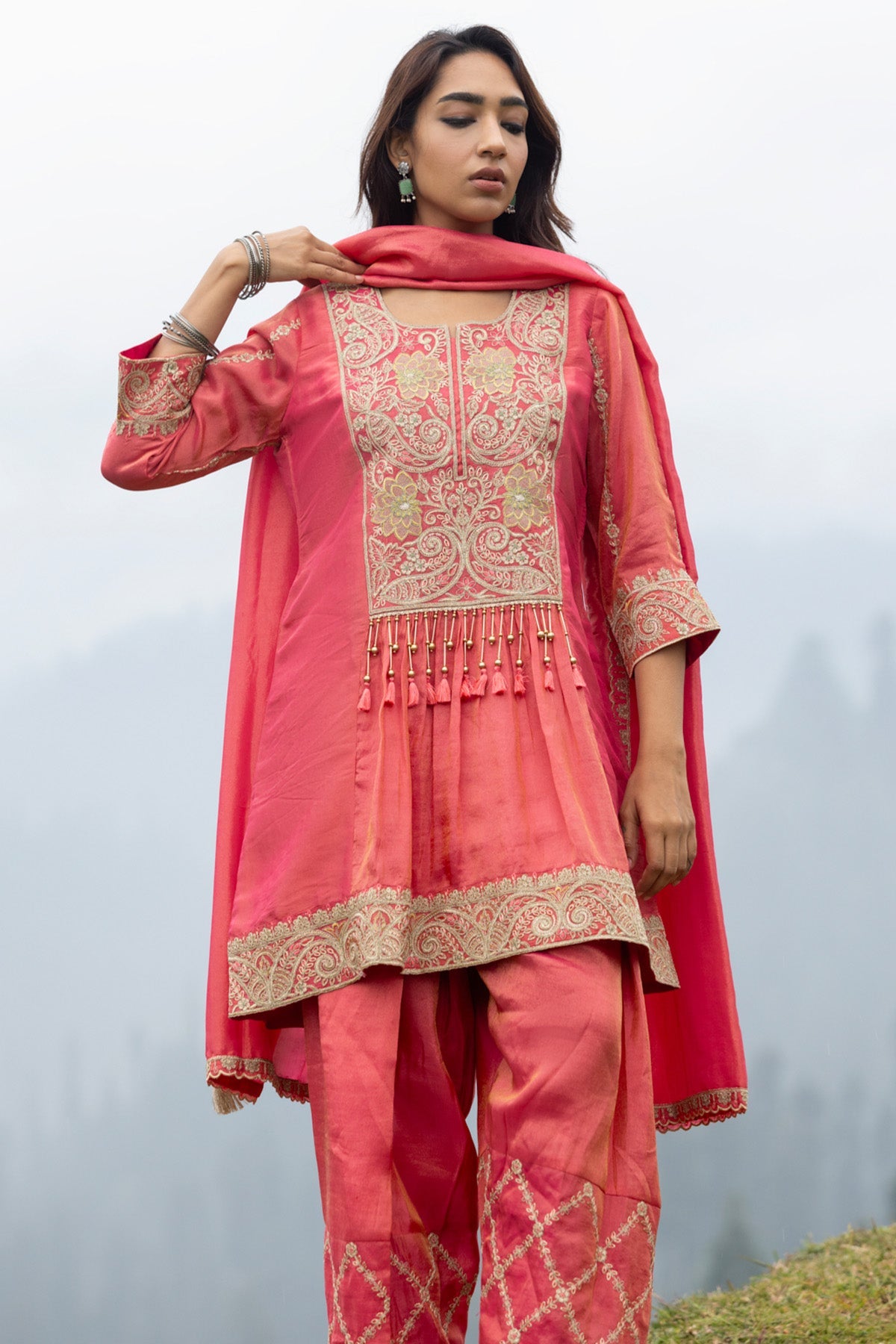 Pink Floral Embroidered Kurta 3 Pcs Set