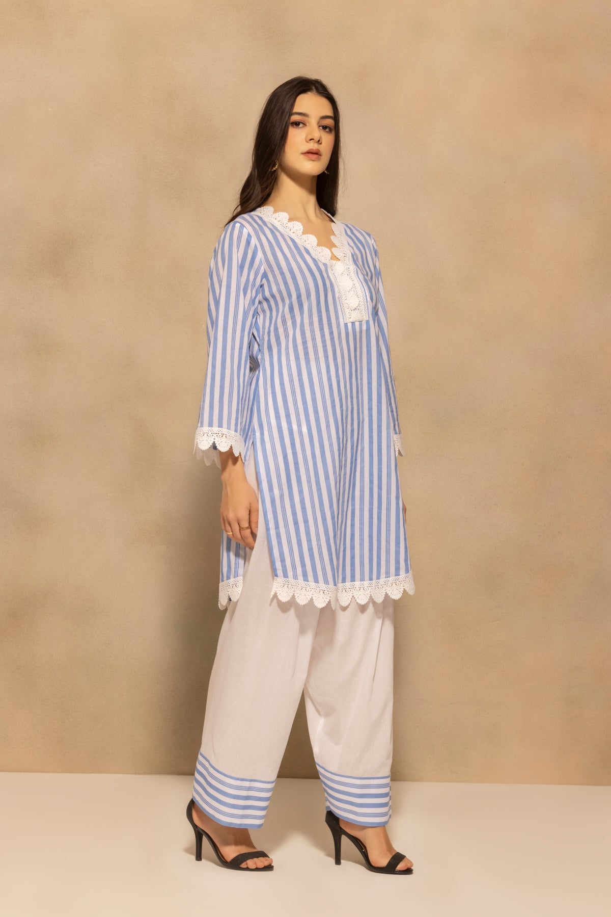 Blue Striped Printed Kurta 2 Pcs Set