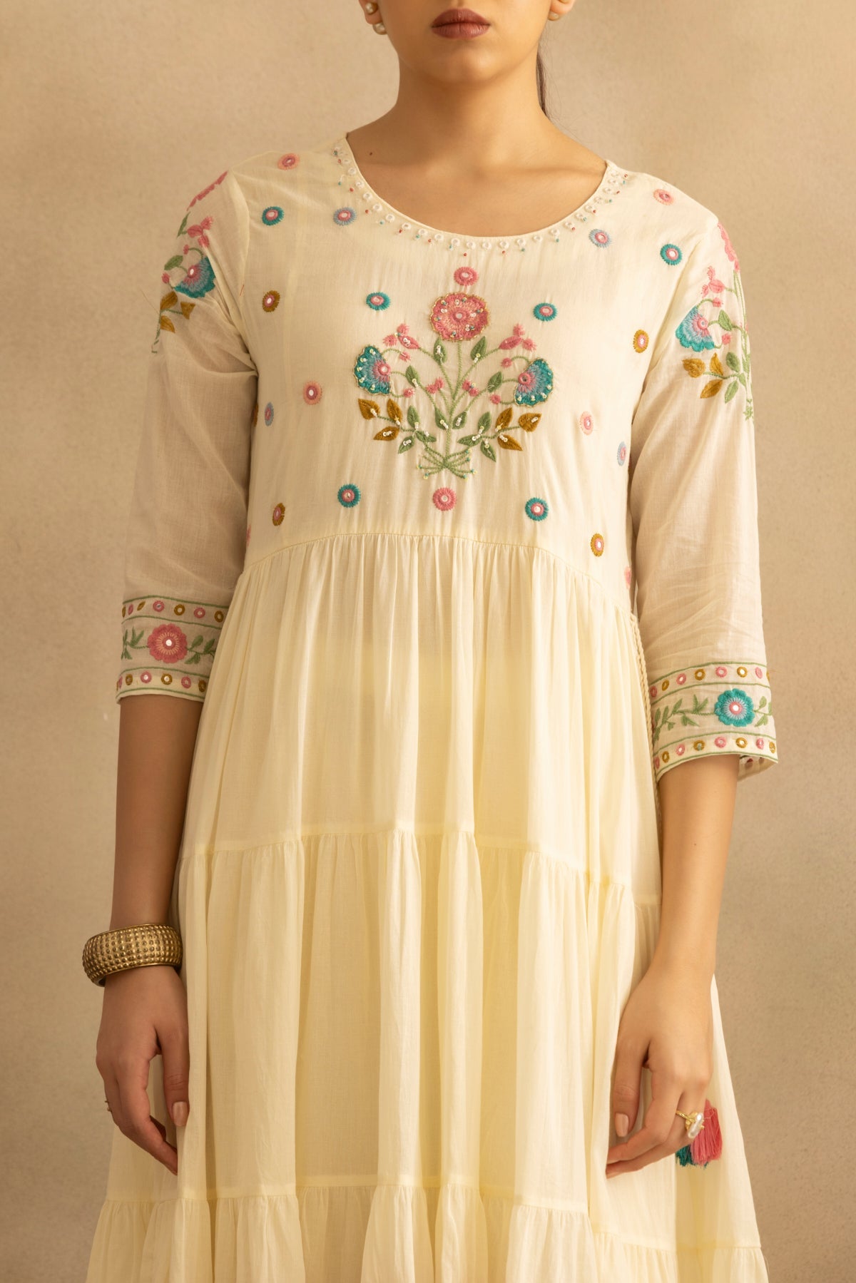 Cream Flared Embroidered Kurta 3 Pcs Set