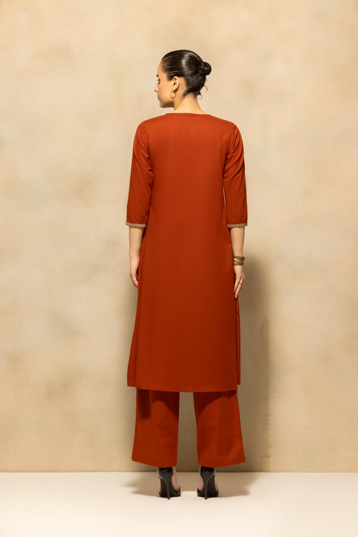 Rust Flared Embroidered Kurta 3 Pcs Set