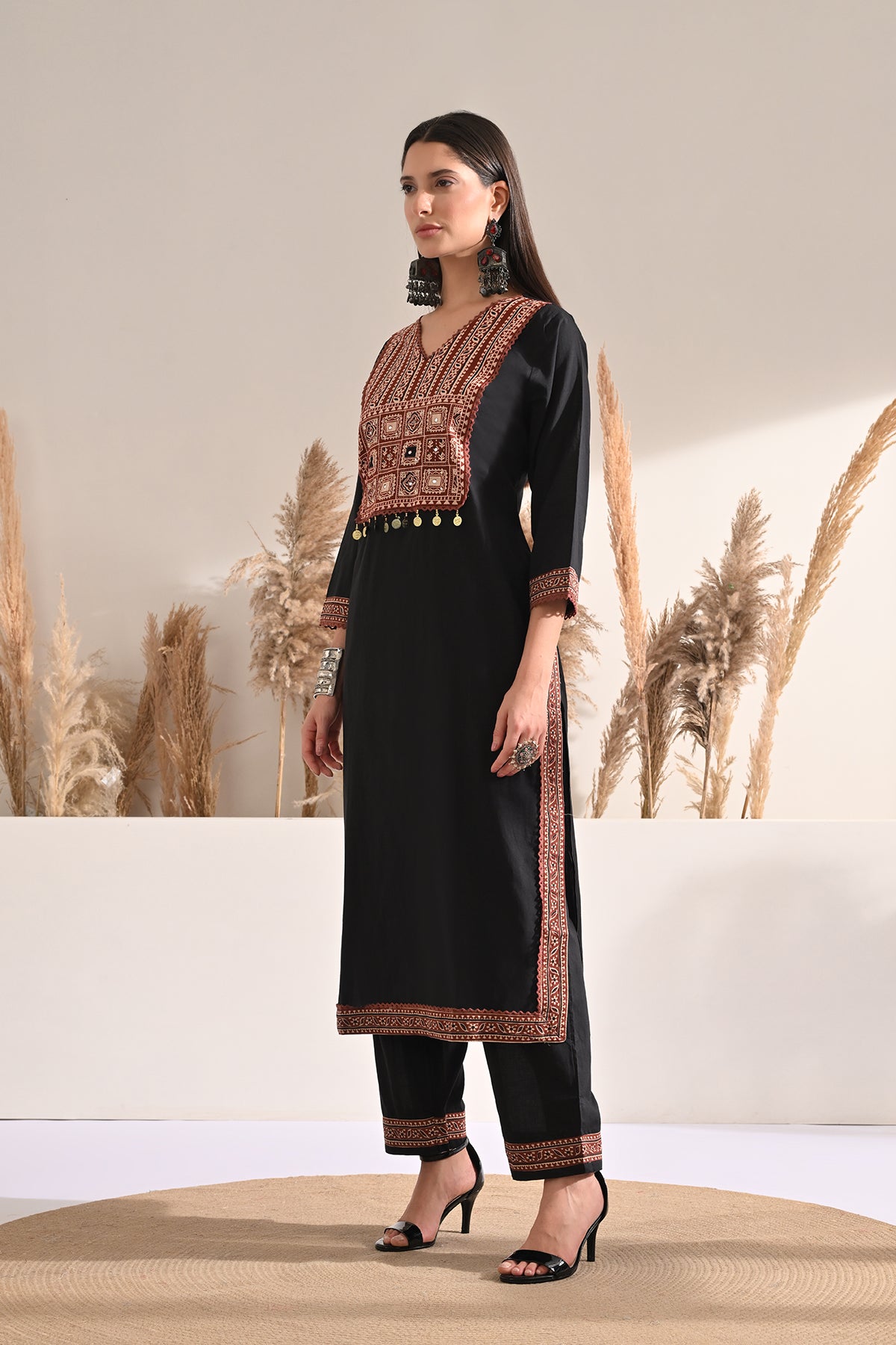Black Block Printed Kurta 3 Pcs Set