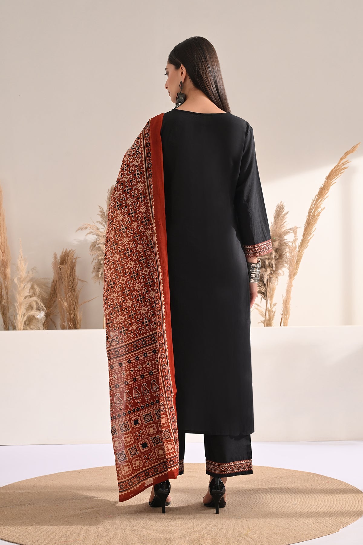 Black Block Printed Kurta 3 Pcs Set