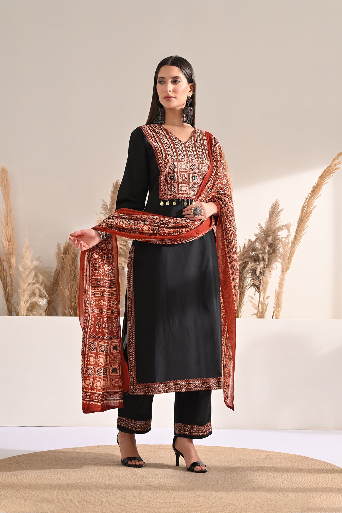 Black Block Printed Kurta 3 Pcs Set