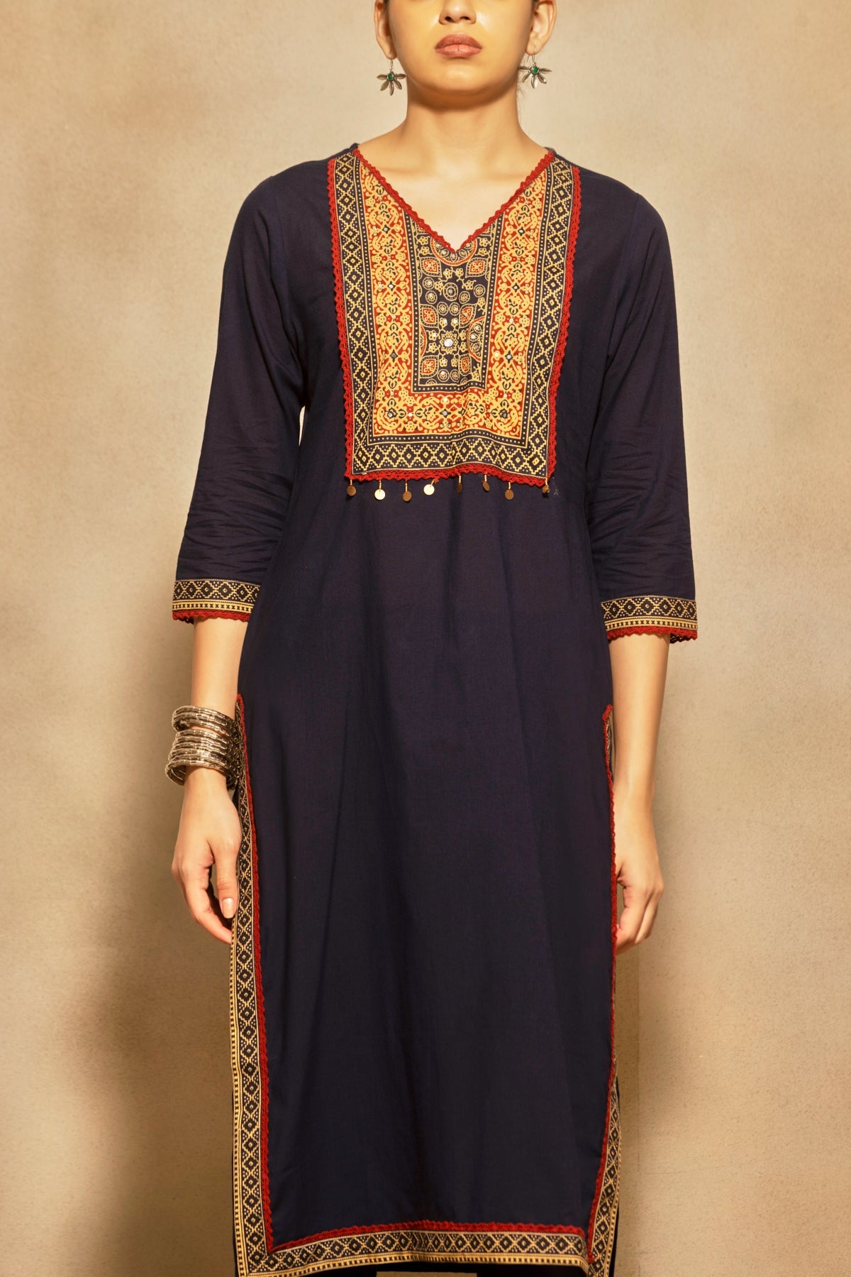Navy Blue Block Printed Kurta 3 Pcs Set