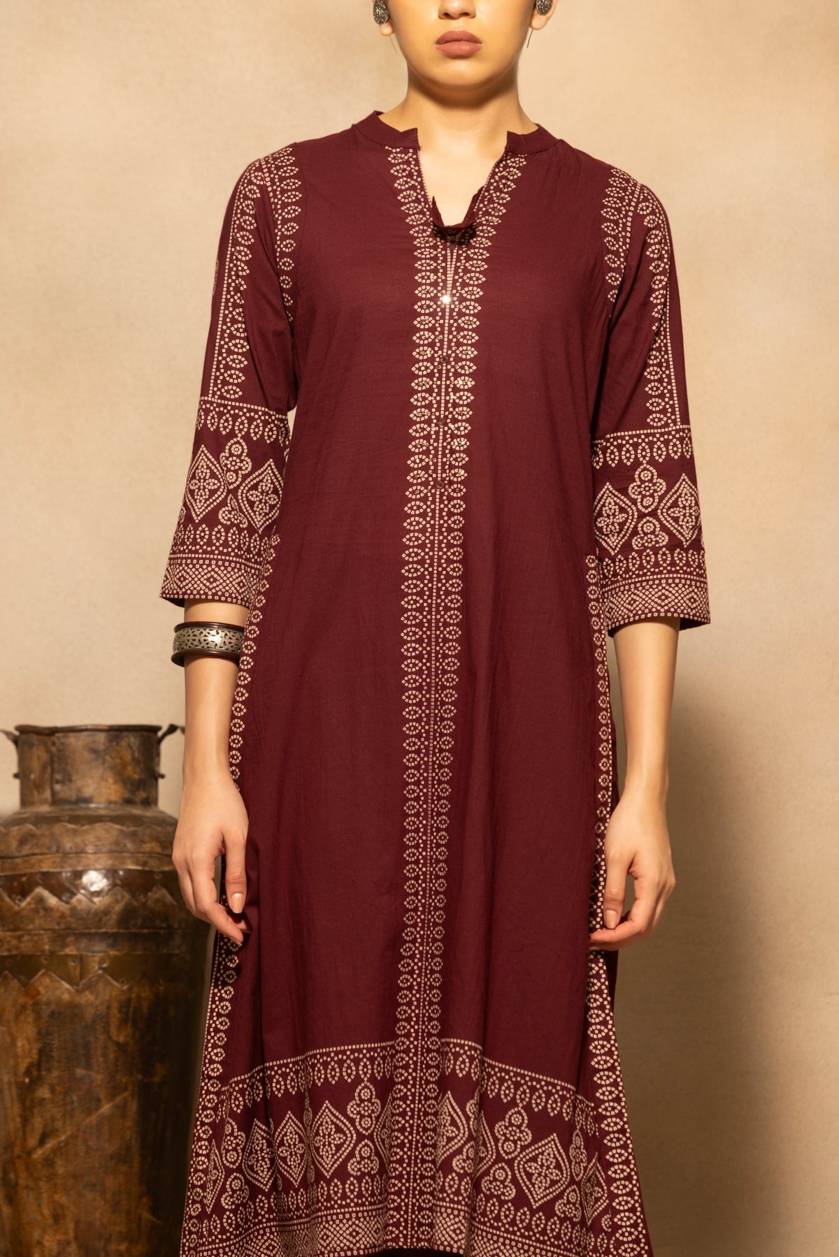 Maroon Bandhani Printed A-line Kurta 3 Pcs Set