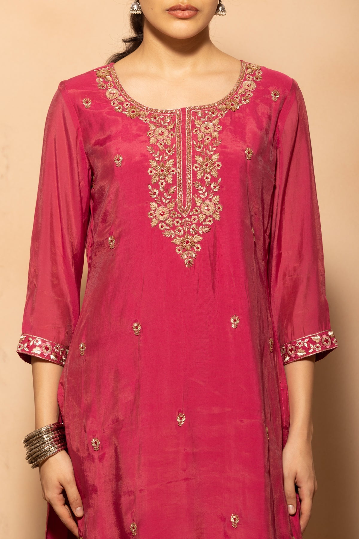 Pink Stone Embroidered Kurta 3 Pcs Set