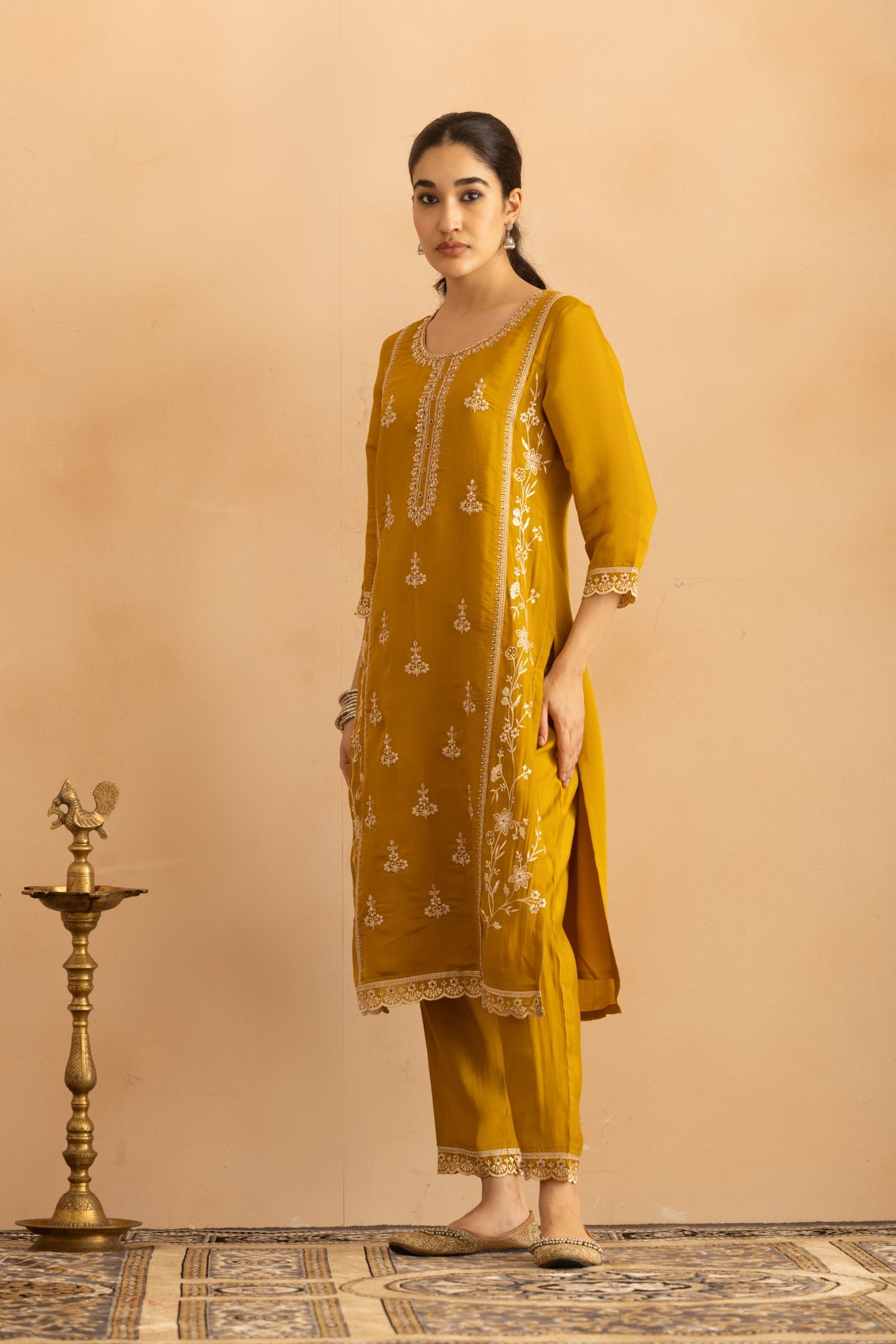 Mustard Stone Embroidered Kurta 3 Pcs Set