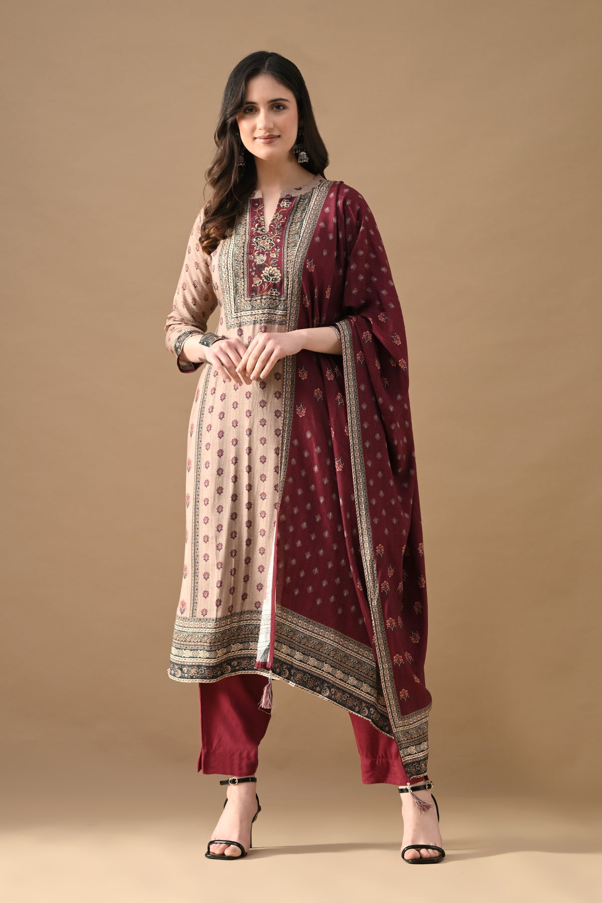 Beige Printed Kurta 3 Pcs Set