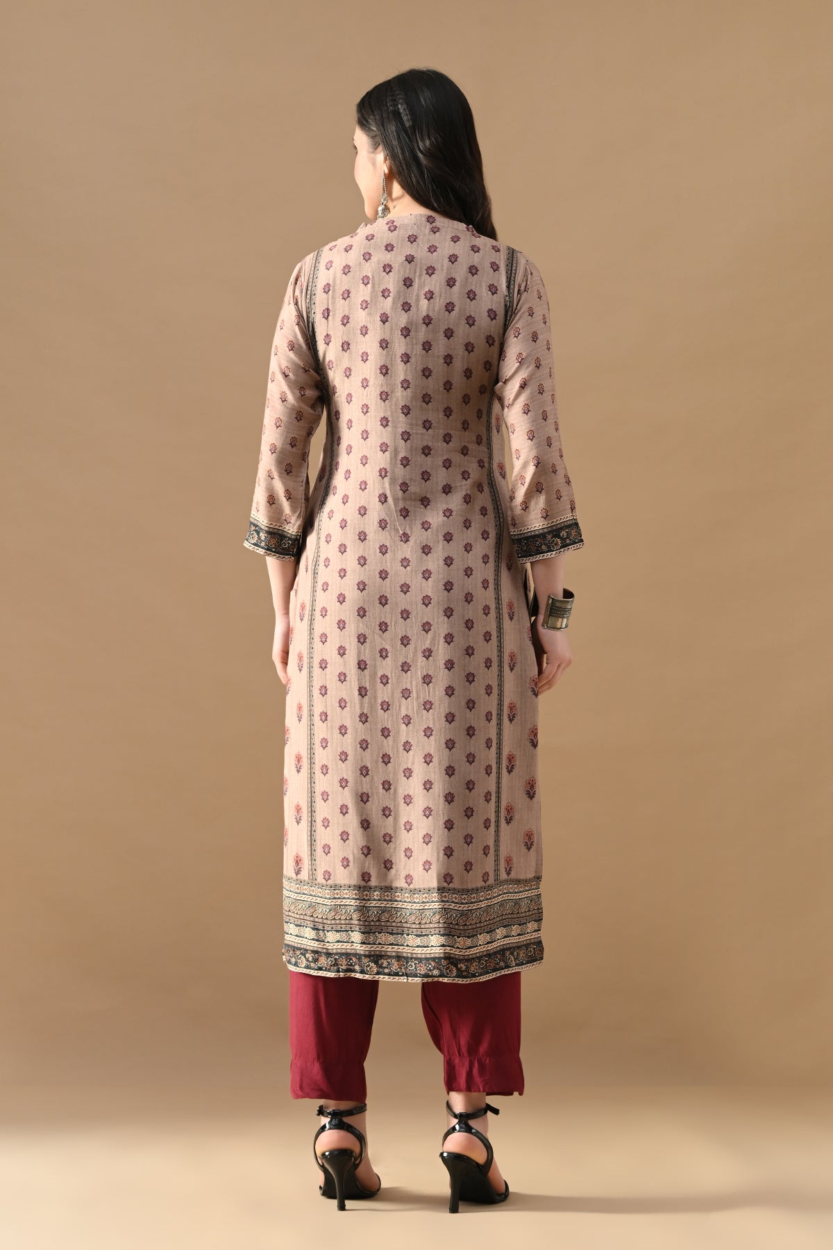 Beige Printed Kurta 3 Pcs Set