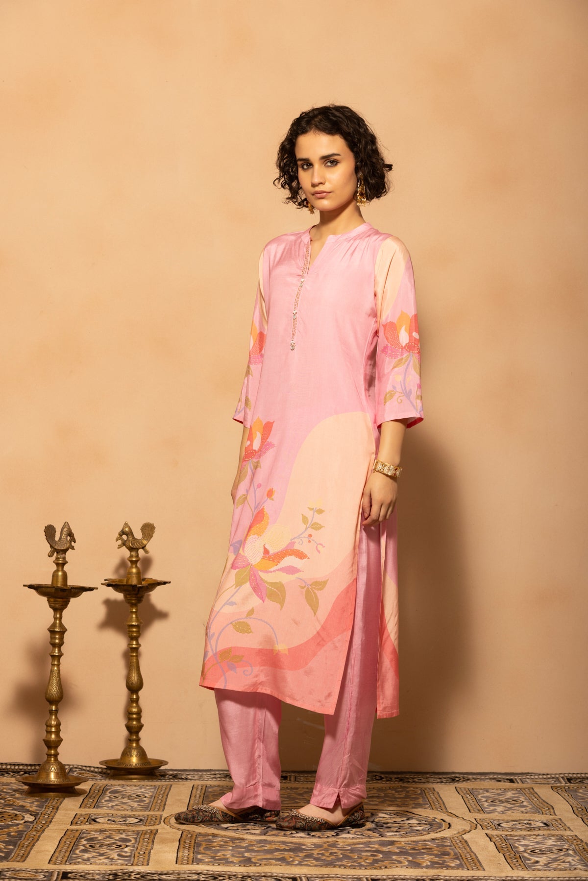Light Pink Printed Kurta 3 Pcs Set