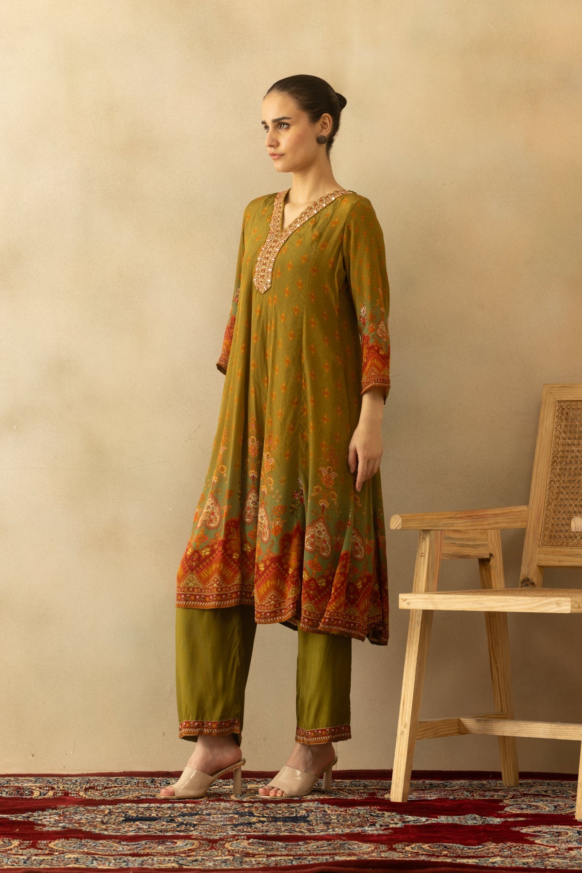 Green Flared Printed Kurta 3 Pcs Set