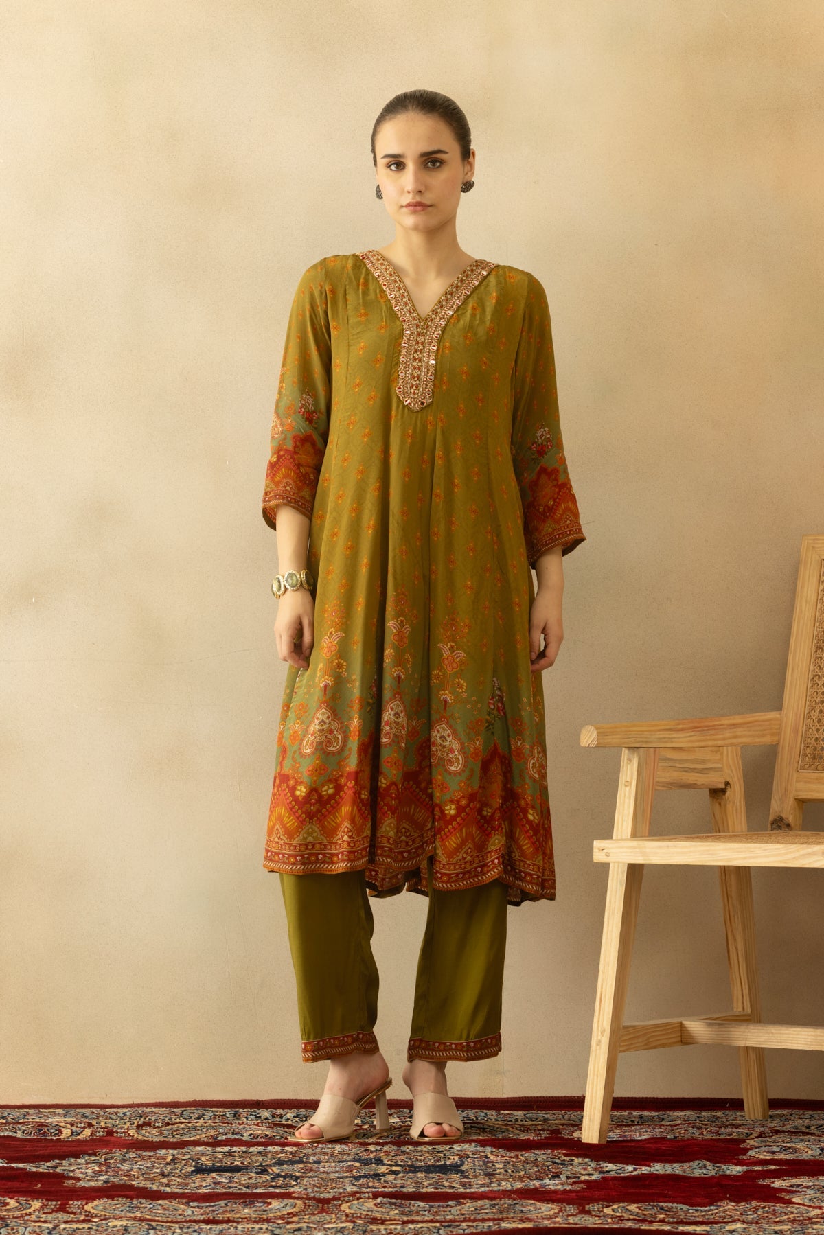 Green Flared Printed Kurta 3 Pcs Set