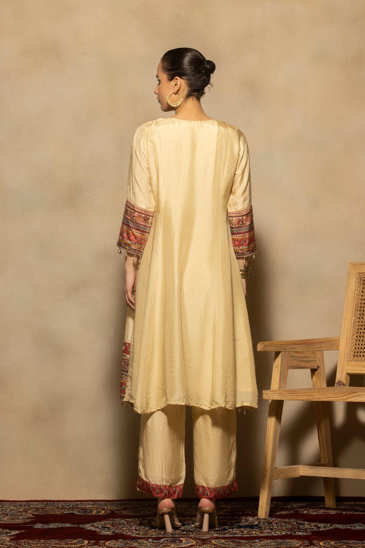 Cream Embroidered A-line Kurta 3 Pcs Set