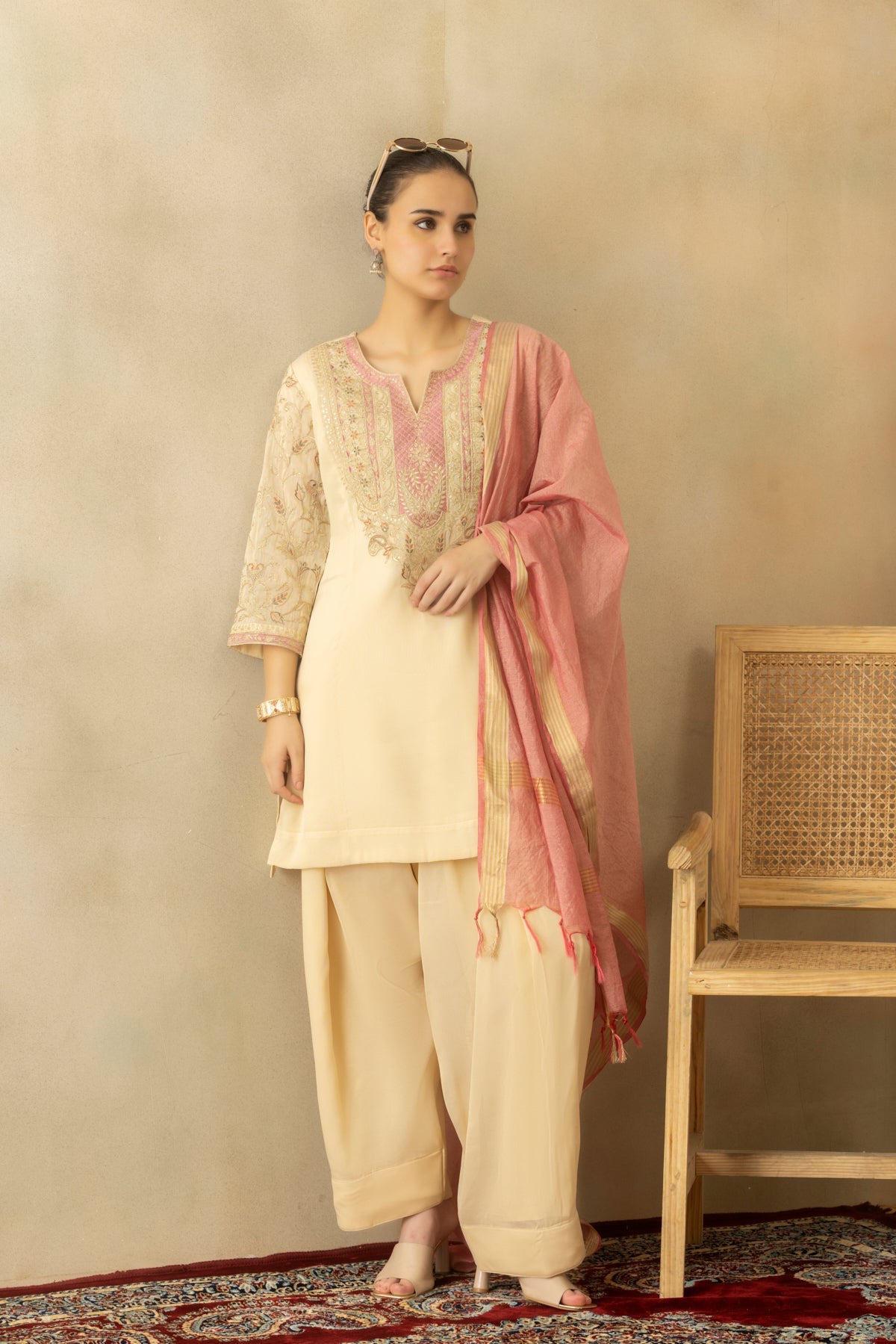 Cream Zari Embroidered Kurta 3 Pcs Set