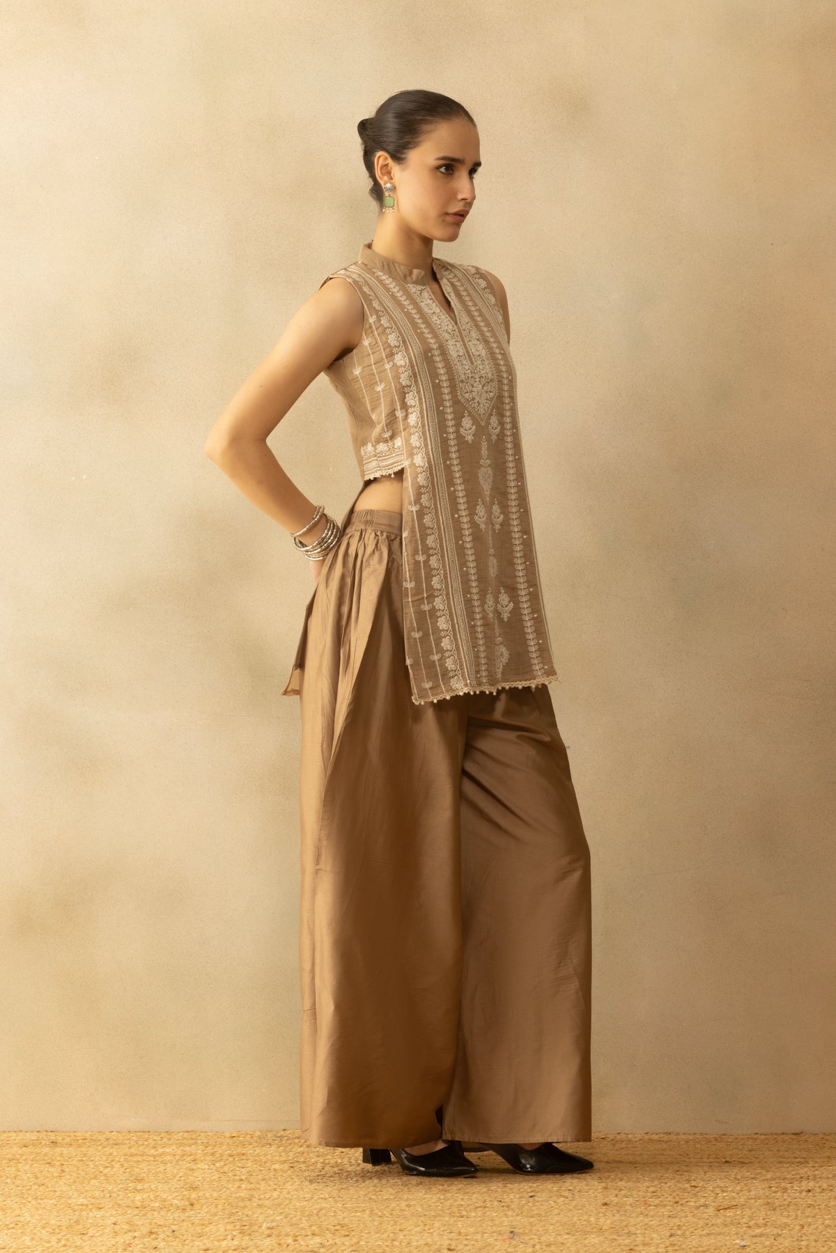 Brown Embroidered Kurta 2 Pcs Set
