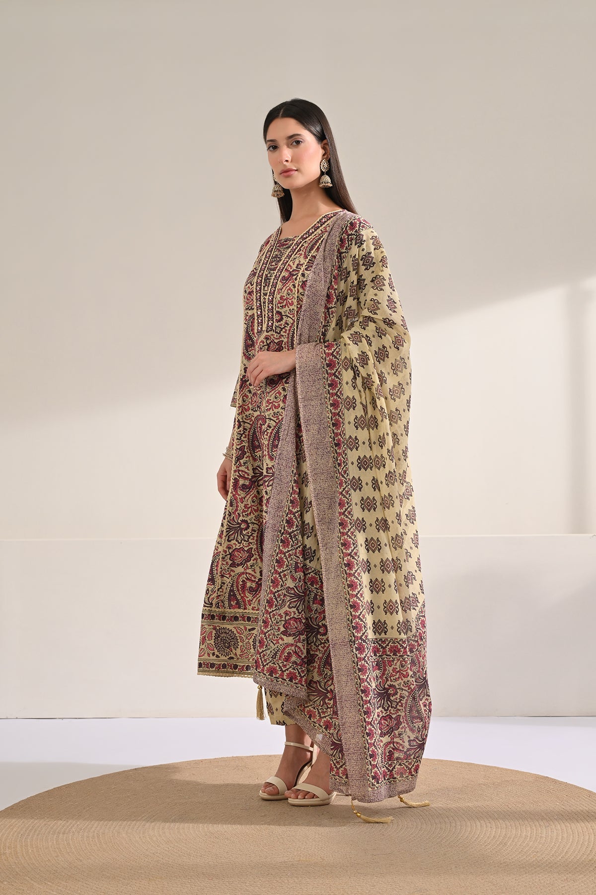 Beige Paisley Printed Flared Kurta 3 Pcs Set