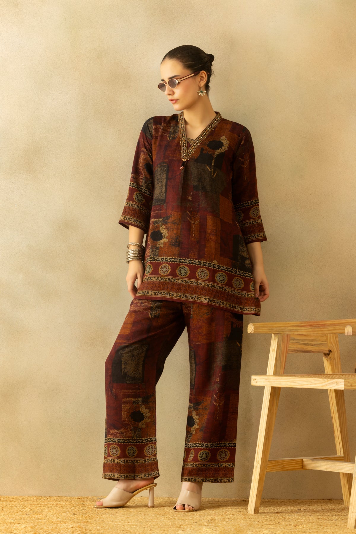 Brown Printed A-line Co-Ord Set