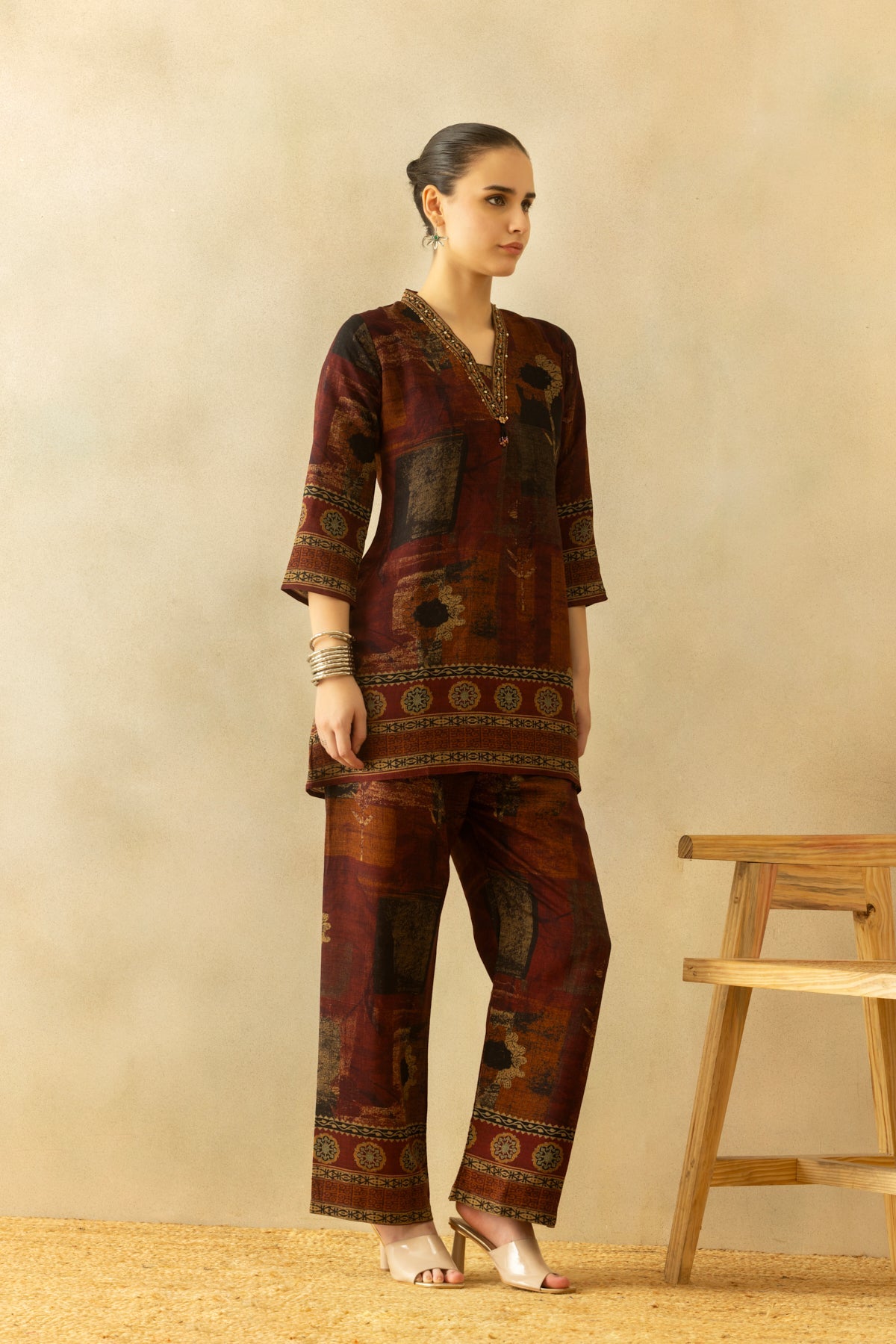Brown Printed A-line Co-Ord Set