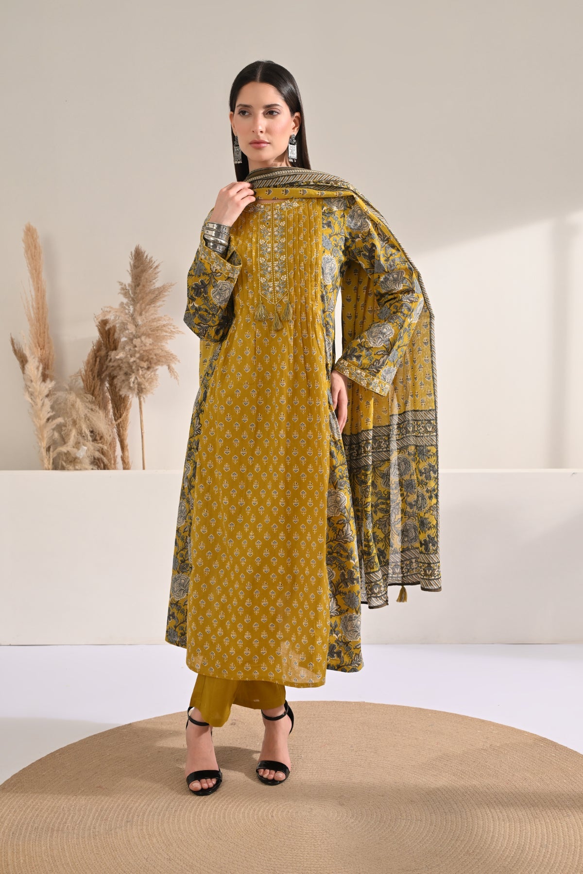 Mustard Pintex Printed A-line Kurta 3 Pcs Set