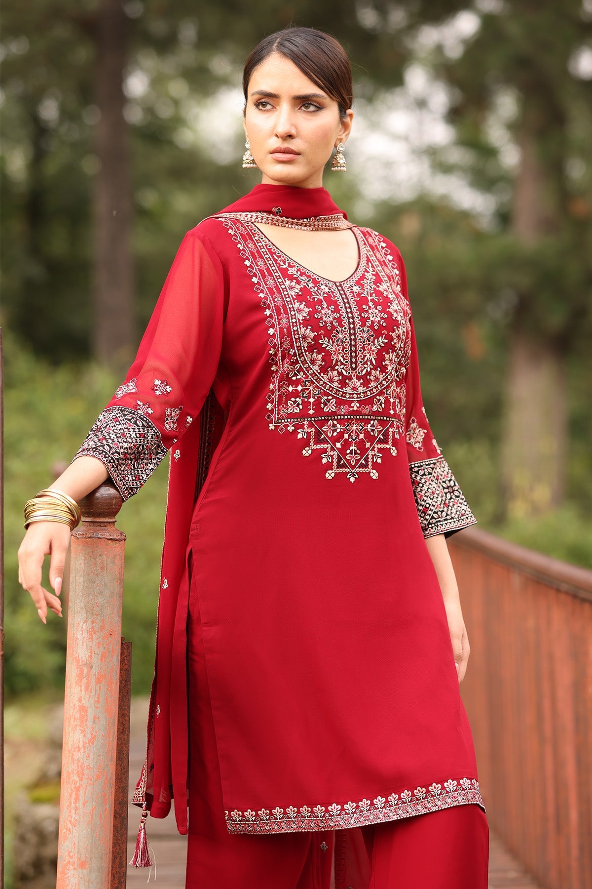 Maroon Embroidered Kurta 3 Pcs Set