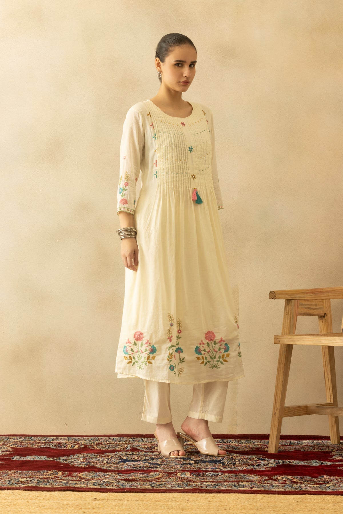 Cream Flared Embroidered Kurta 3 Pcs Set