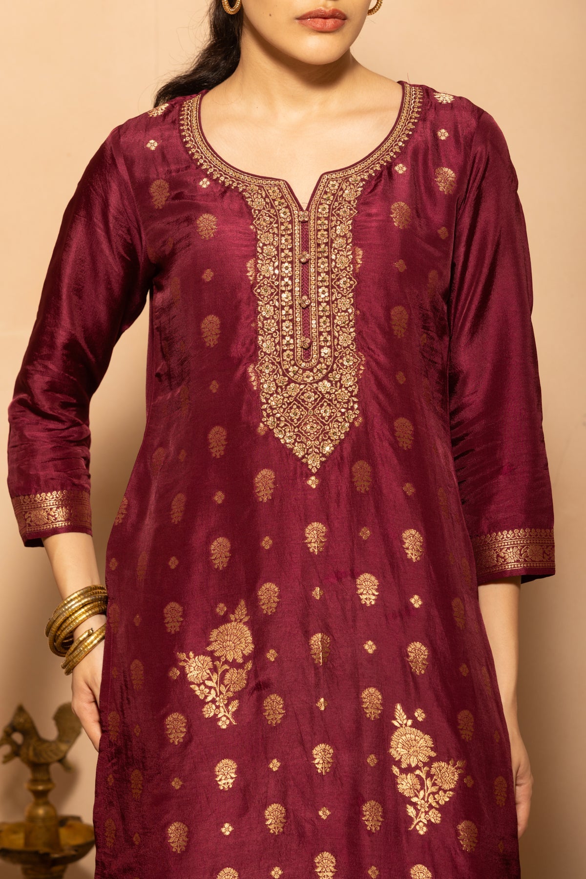 Wine Embellished Kurta 3 Pcs Set