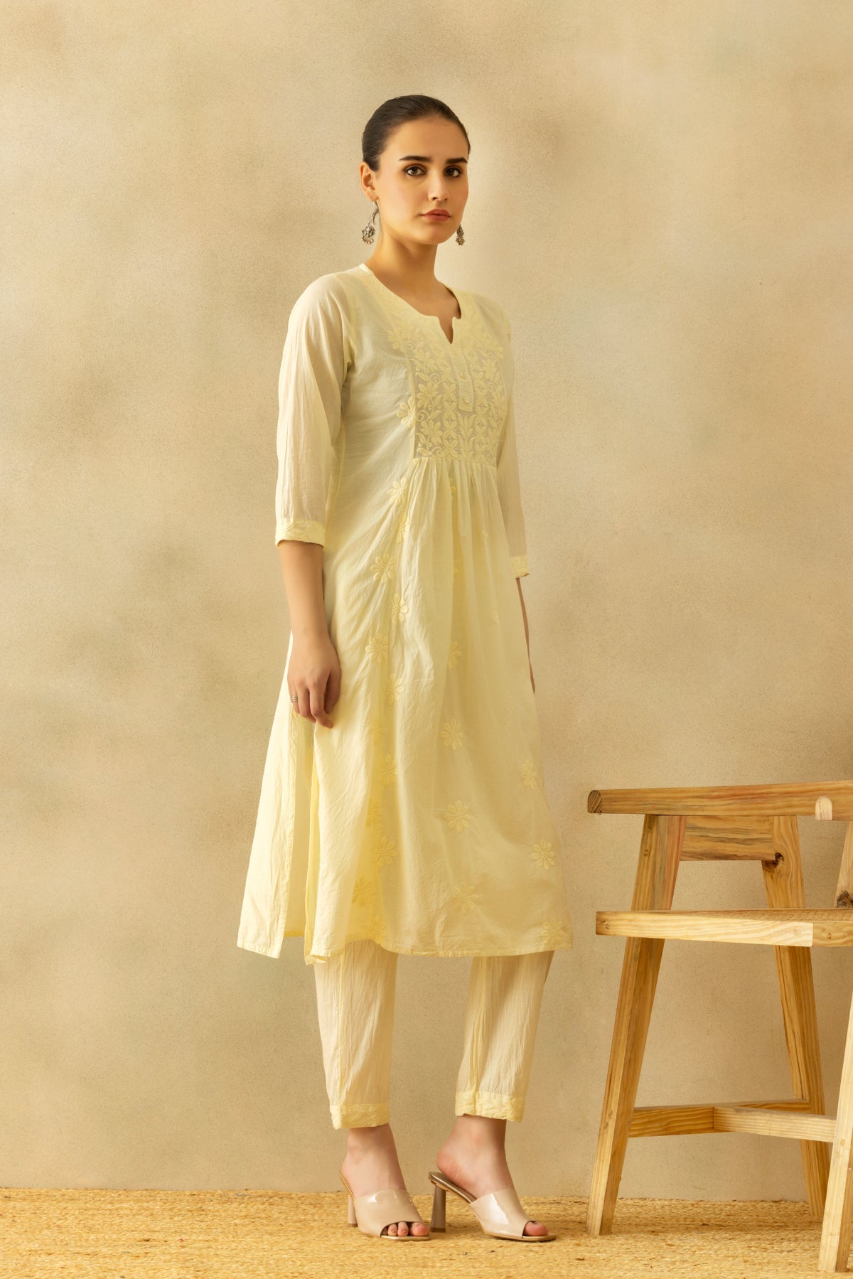 Cream A-line Embroidered Kurta 3 Pcs Set