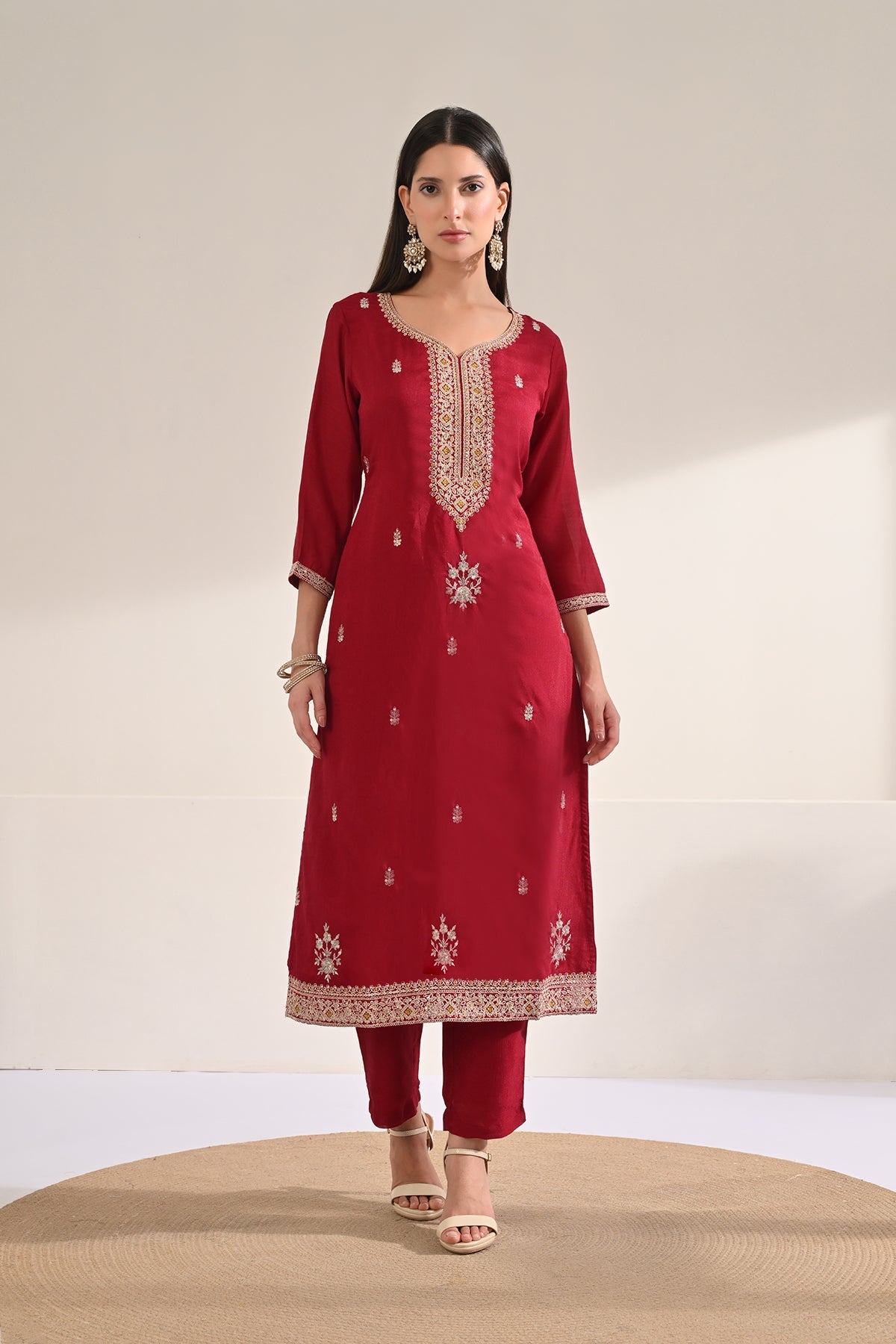 Maroon Embroidered Kurta 3 Pcs Set