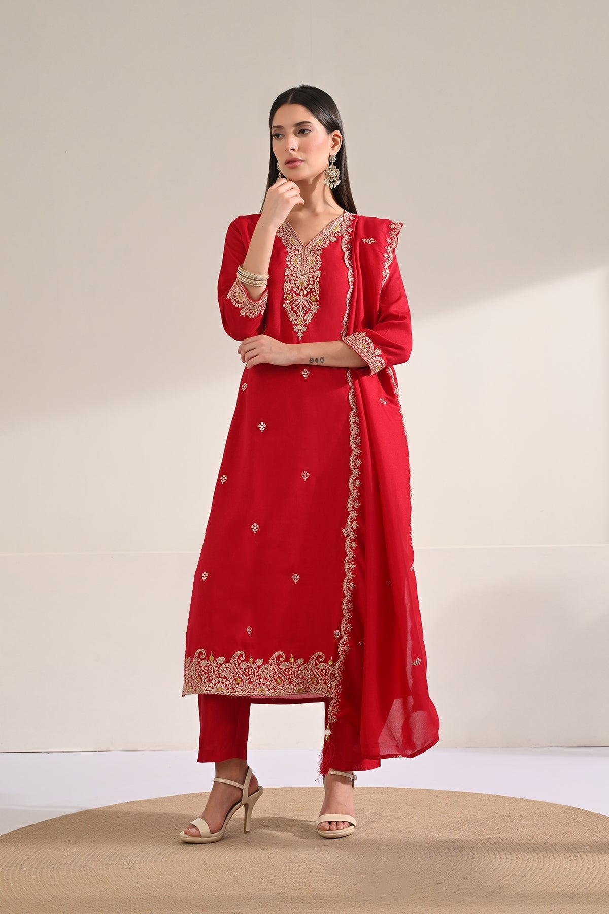 Hot Pink Embroidered Kurta 3 Pcs Set