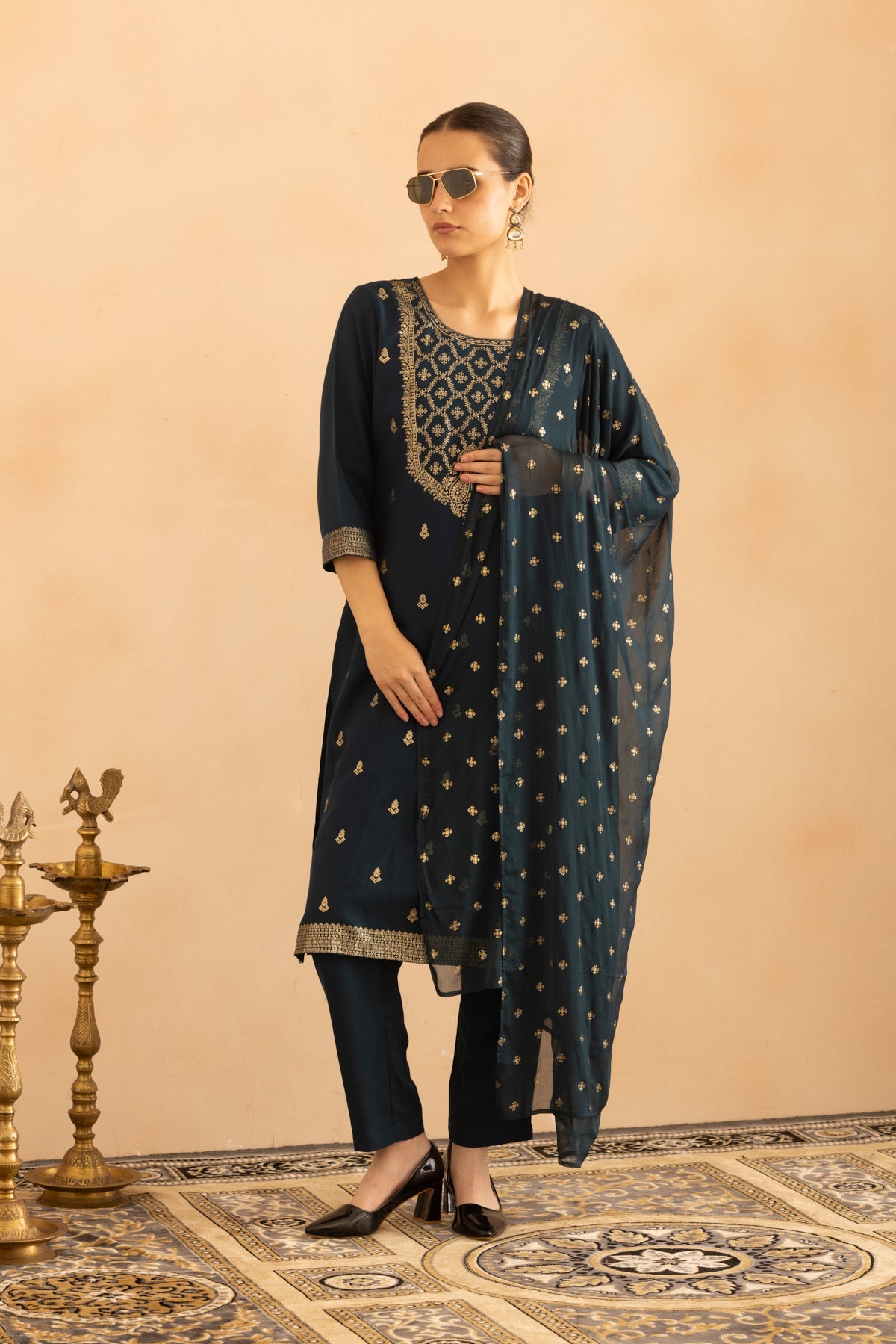 Teal Printed Kurta 3 Pcs Set