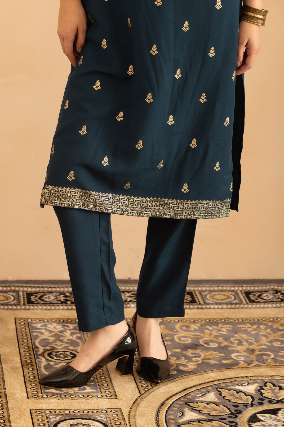 Teal Printed Kurta 3 Pcs Set