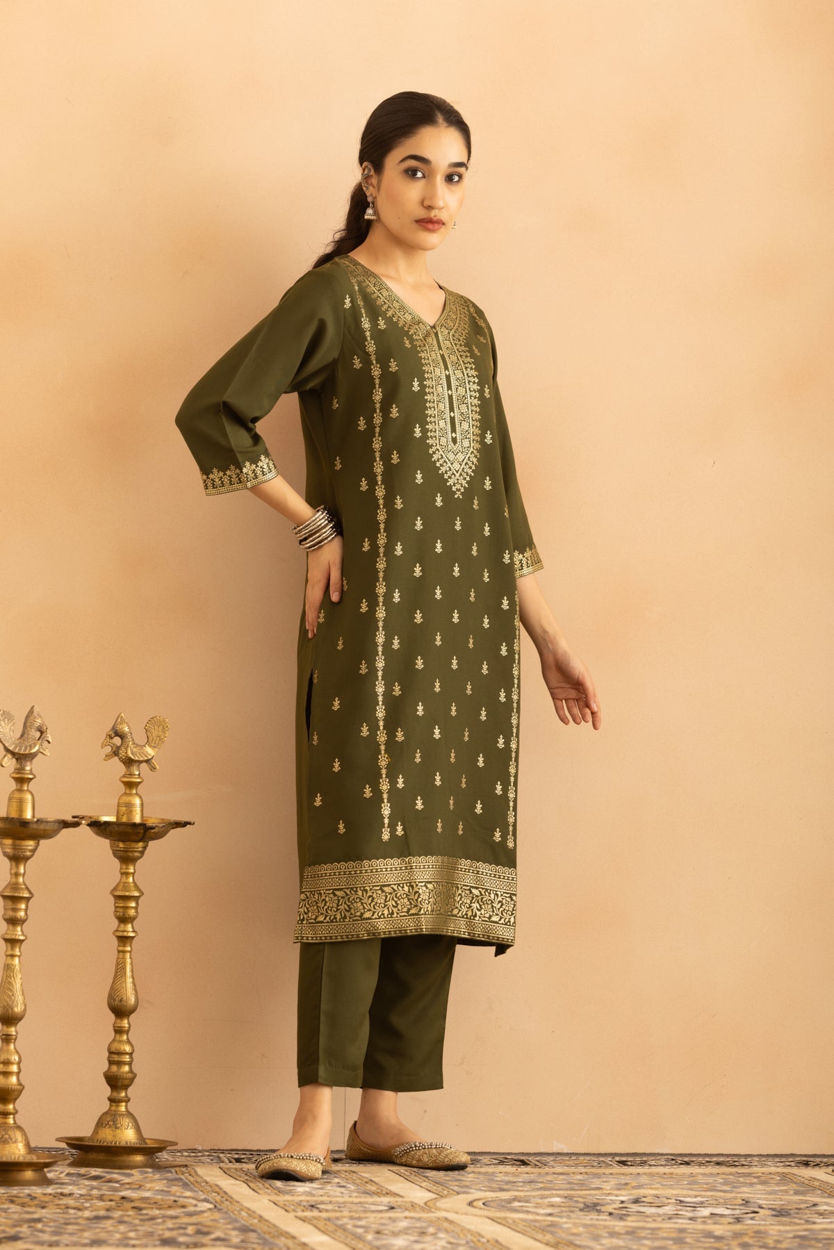 Green Printed Kurta 3 Pcs Set