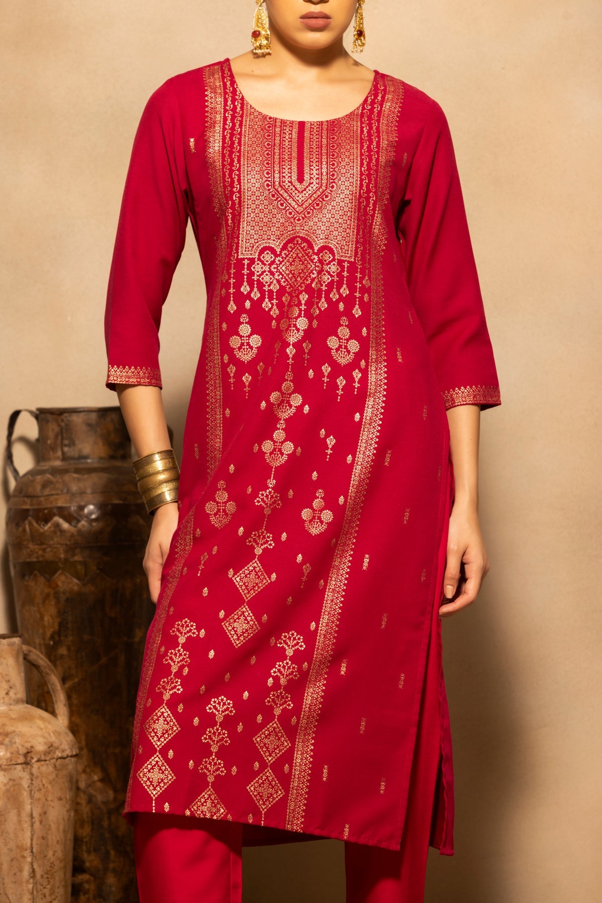 Dark Pink Printed Kurta 3 Pcs Set
