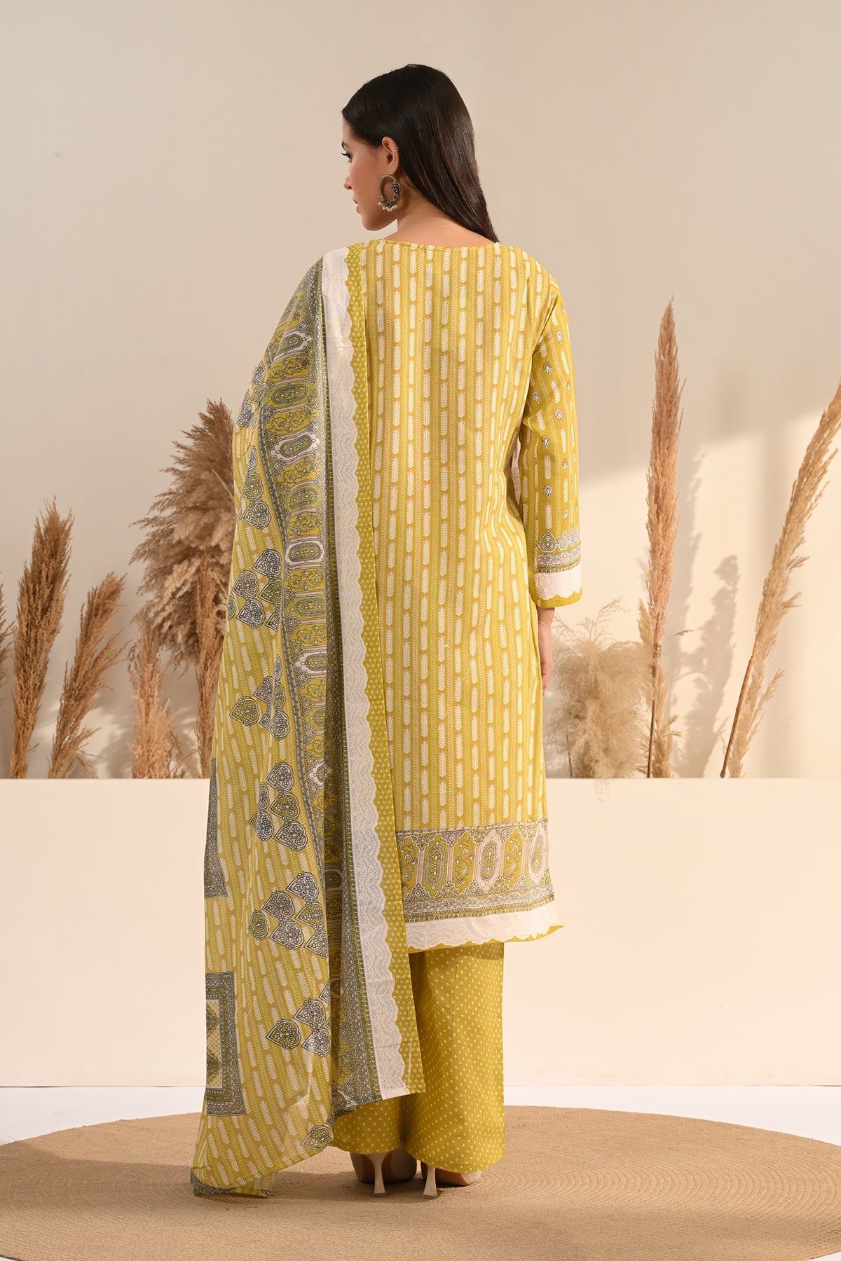 Green Geometric & Floral Printed Kurta 3 Pcs Set