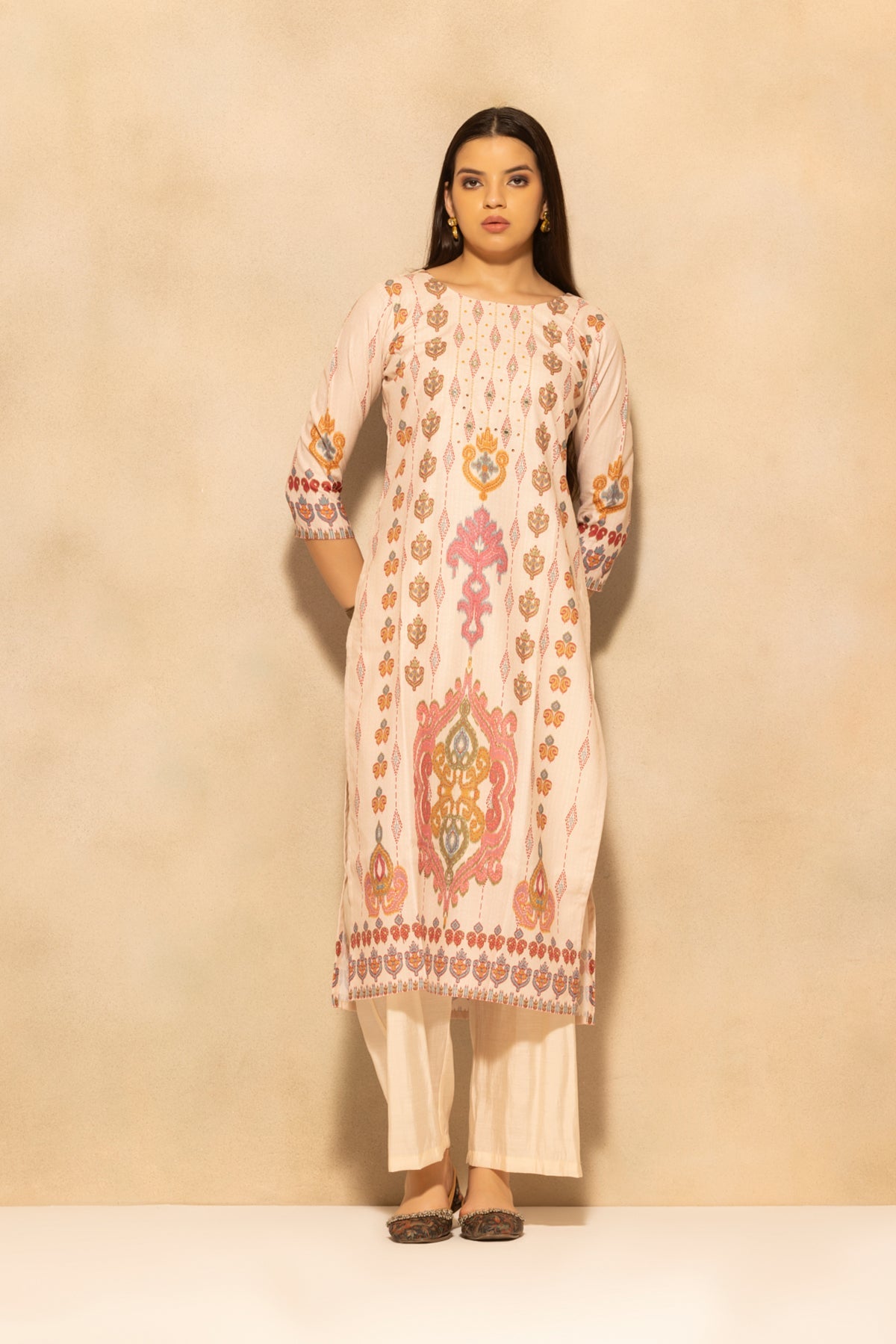 Beige Printed Kurta 3 Pcs Set