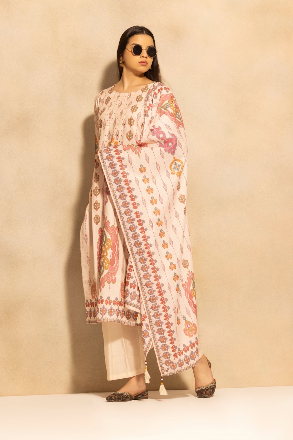 Beige Printed Kurta 3 Pcs Set