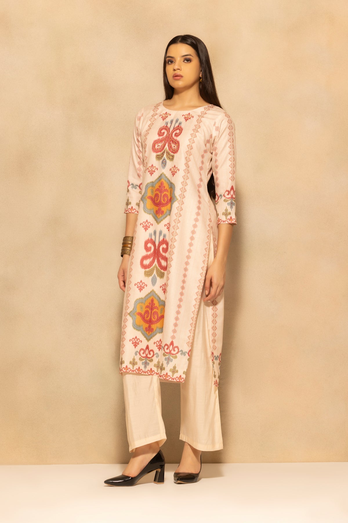 Beige Printed Kurta 3 Pcs Set