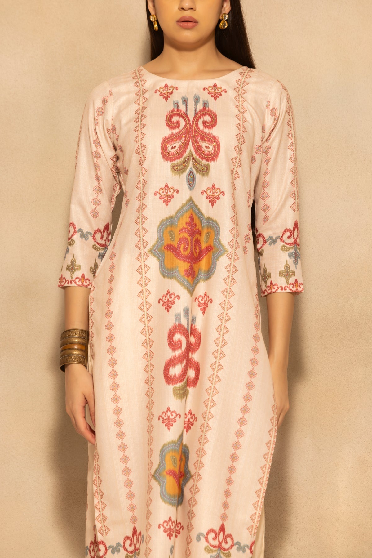 Beige Printed Kurta 3 Pcs Set