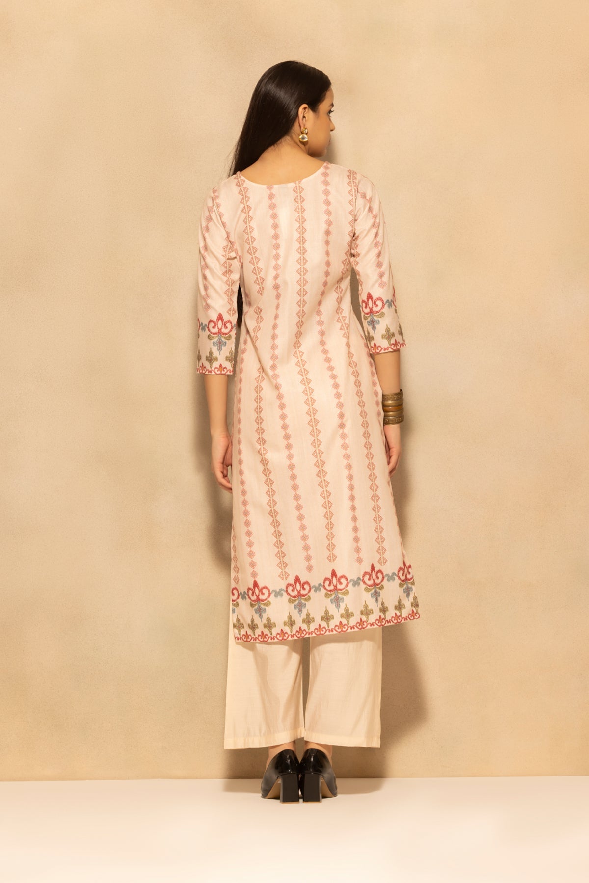 Beige Printed Kurta 3 Pcs Set