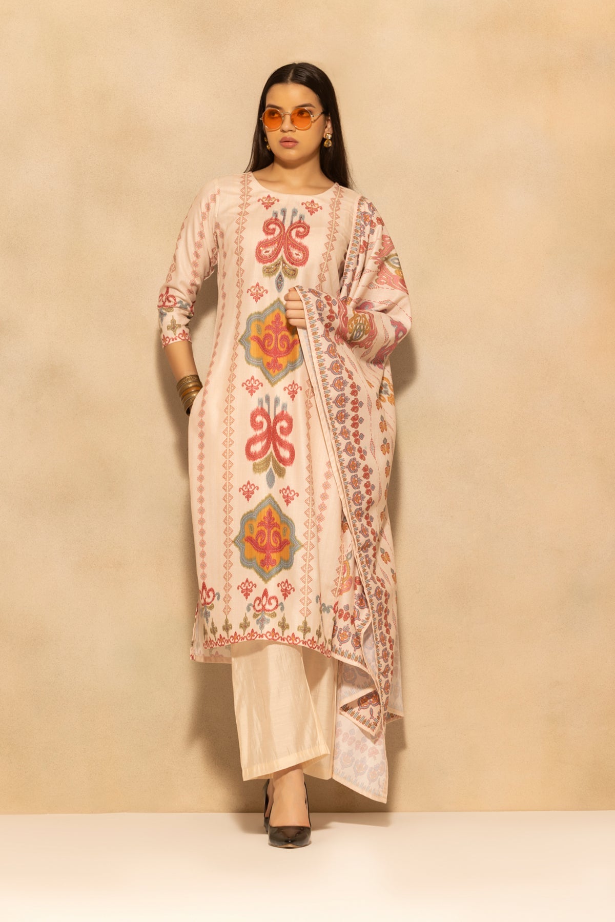 Beige Printed Kurta 3 Pcs Set