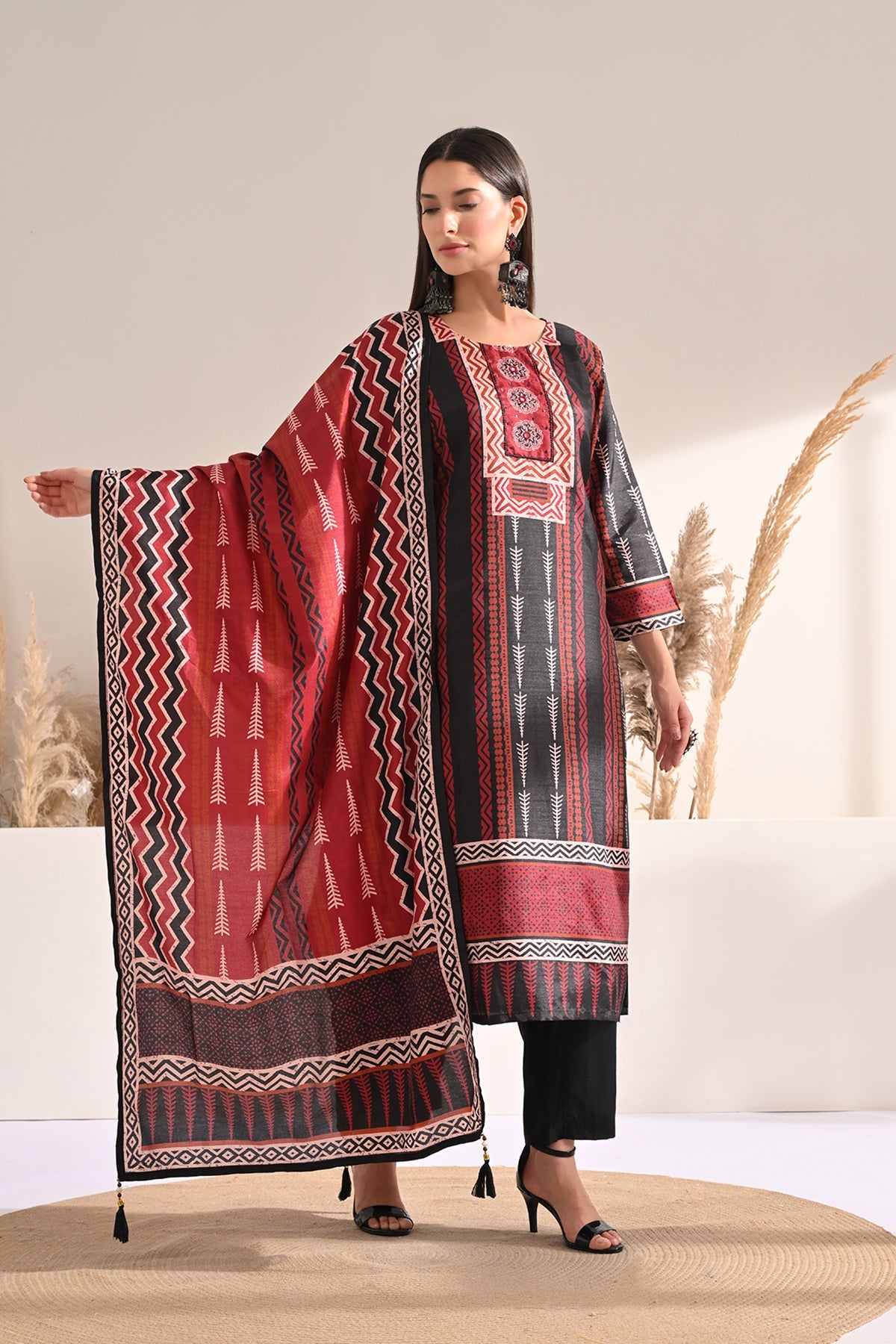 Black Printed Kurta 3 Pcs Set