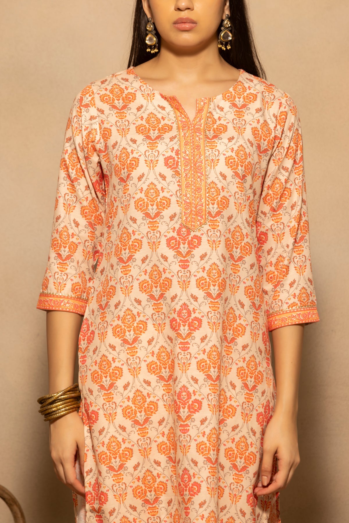Orange Printed Kurta 3 Pcs Set