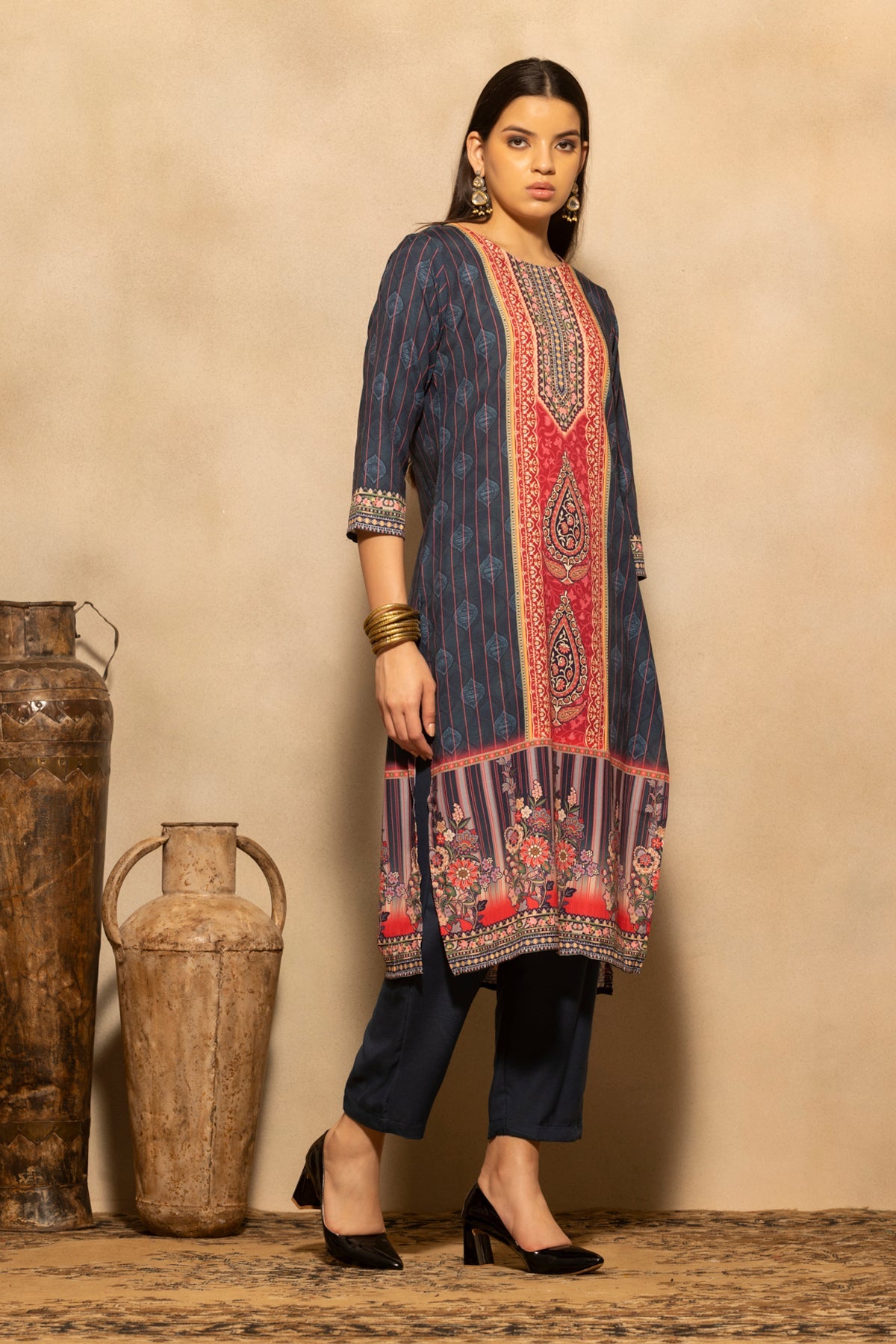 Teal Printed Kurta 3 Pcs Set