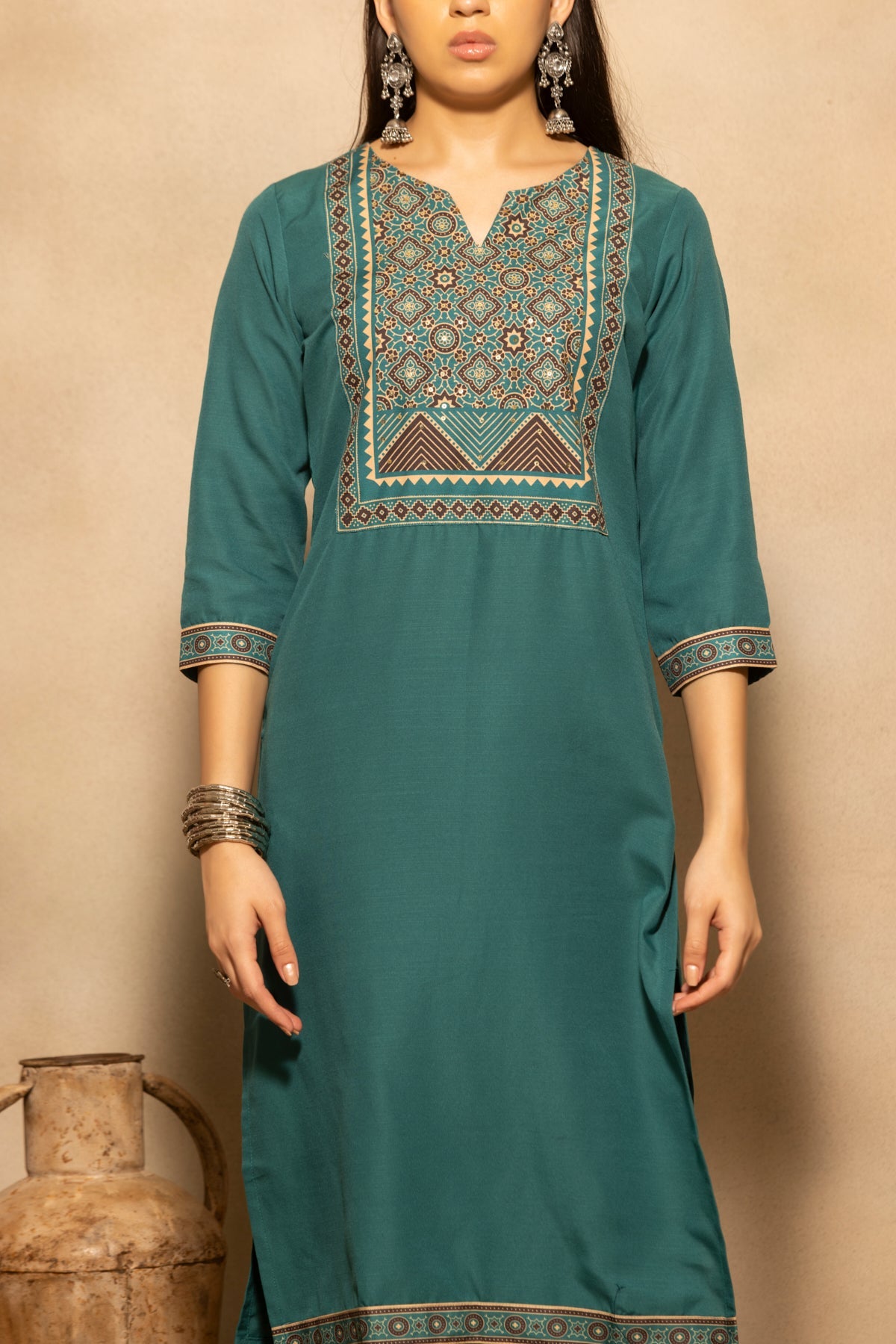 Teal Printed Kurta 3 Pcs Set