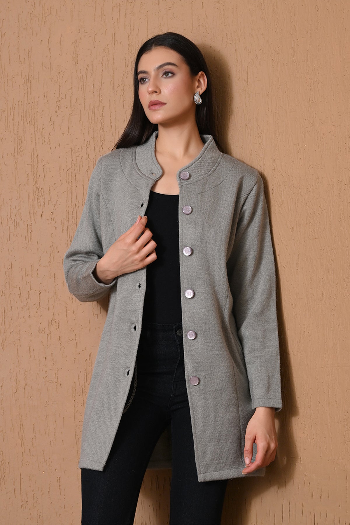 Winter Light Grey Mock-Neck Longline Coat